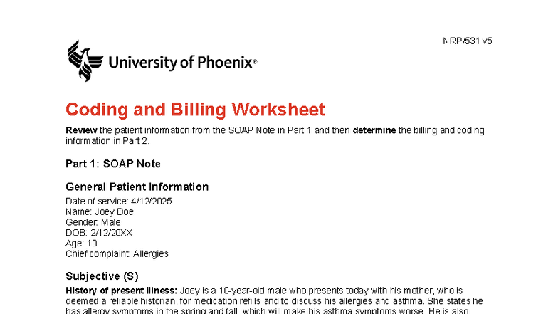 Nrp531 v5 Week 2 Coding & Billing Worksheet Review - Studocu