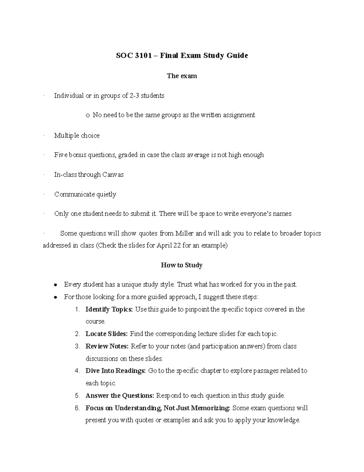 SOC 3101 Final Exam Study Guide: Key Topics & Strategies - Studocu
