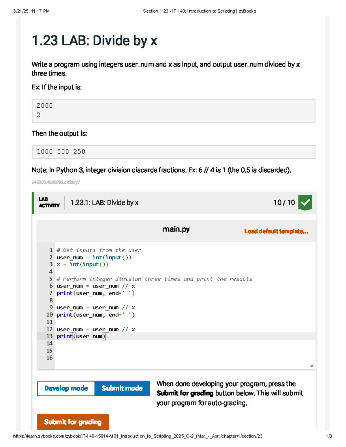 LAB 1.23: Integer Division Program in IT 140 - Studocu
