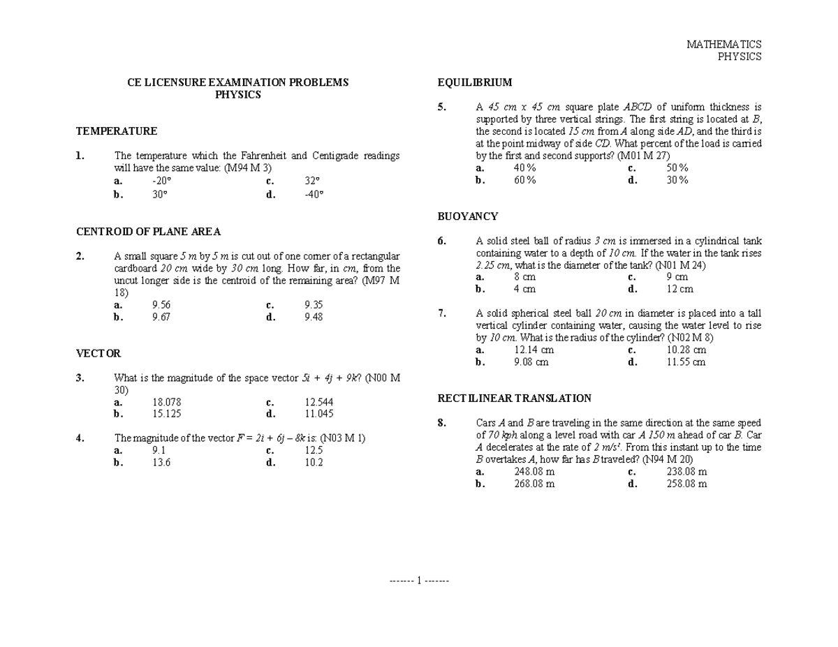 CE Board Problems - Physics Review for Licensure Exam - Studocu