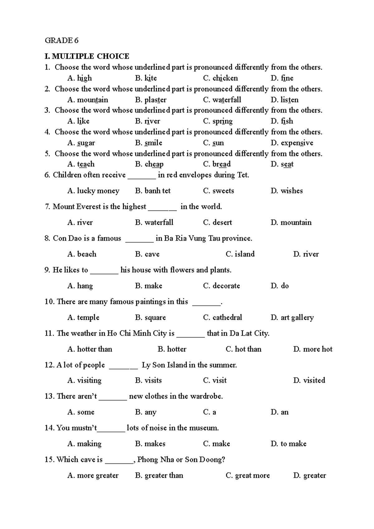 Grade 6 - Đề Số 1: Multiple Choice Questions and Exercises - Studocu