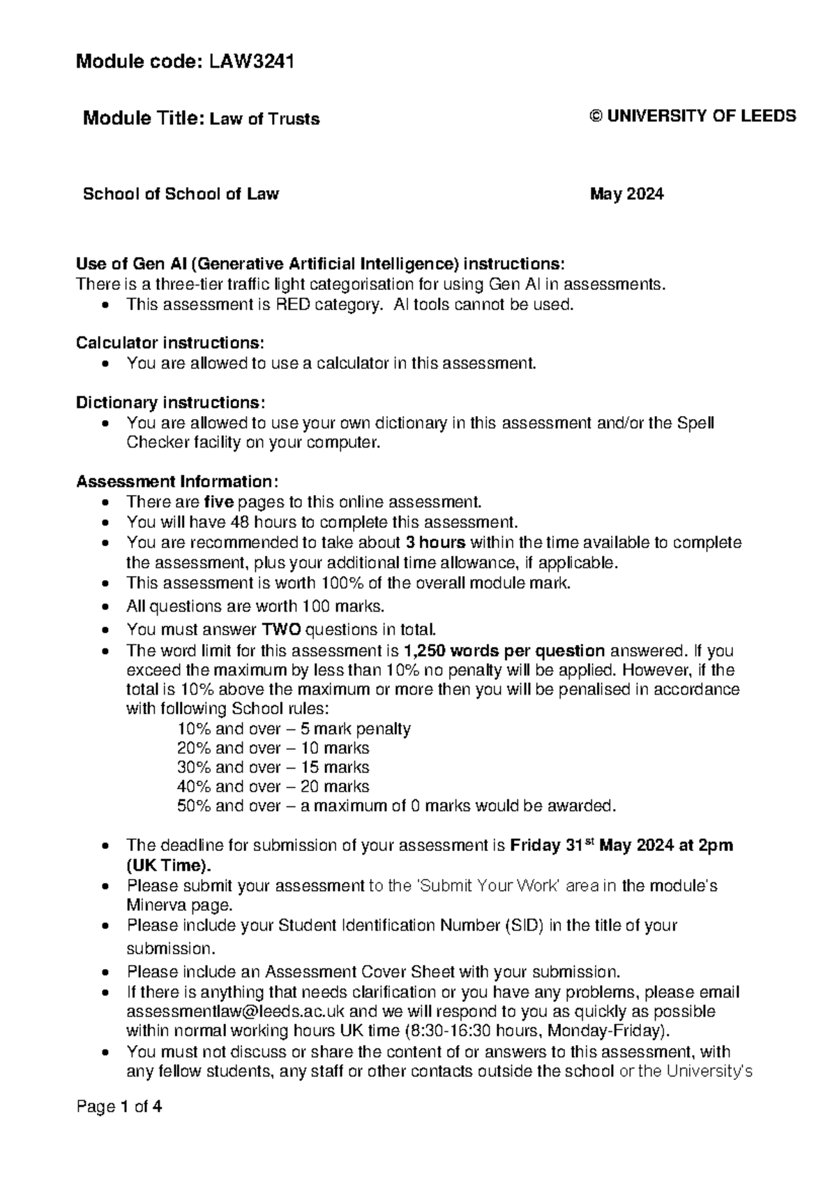 LAW3241 - Final Exam Instructions & Case Analysis on Trusts - Studocu
