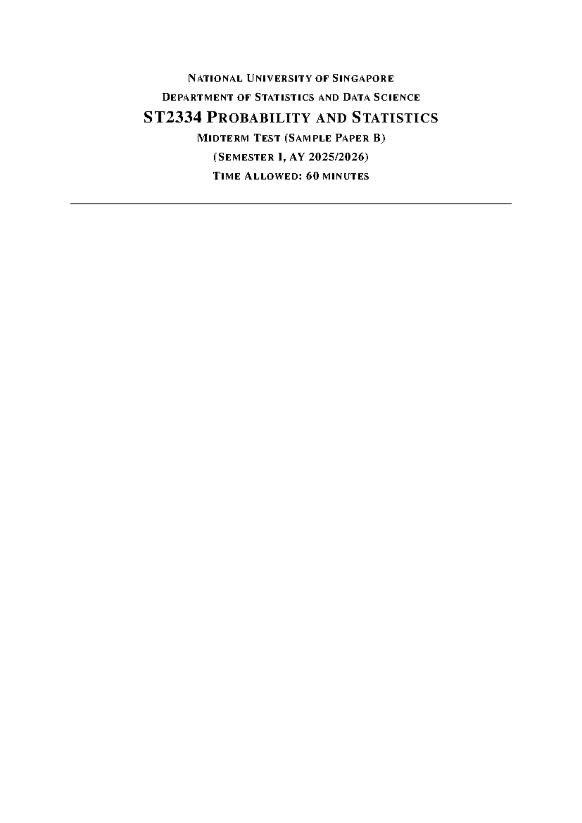 ST2334 Probability and Statistics Midterm Test Sample Paper B - Studocu