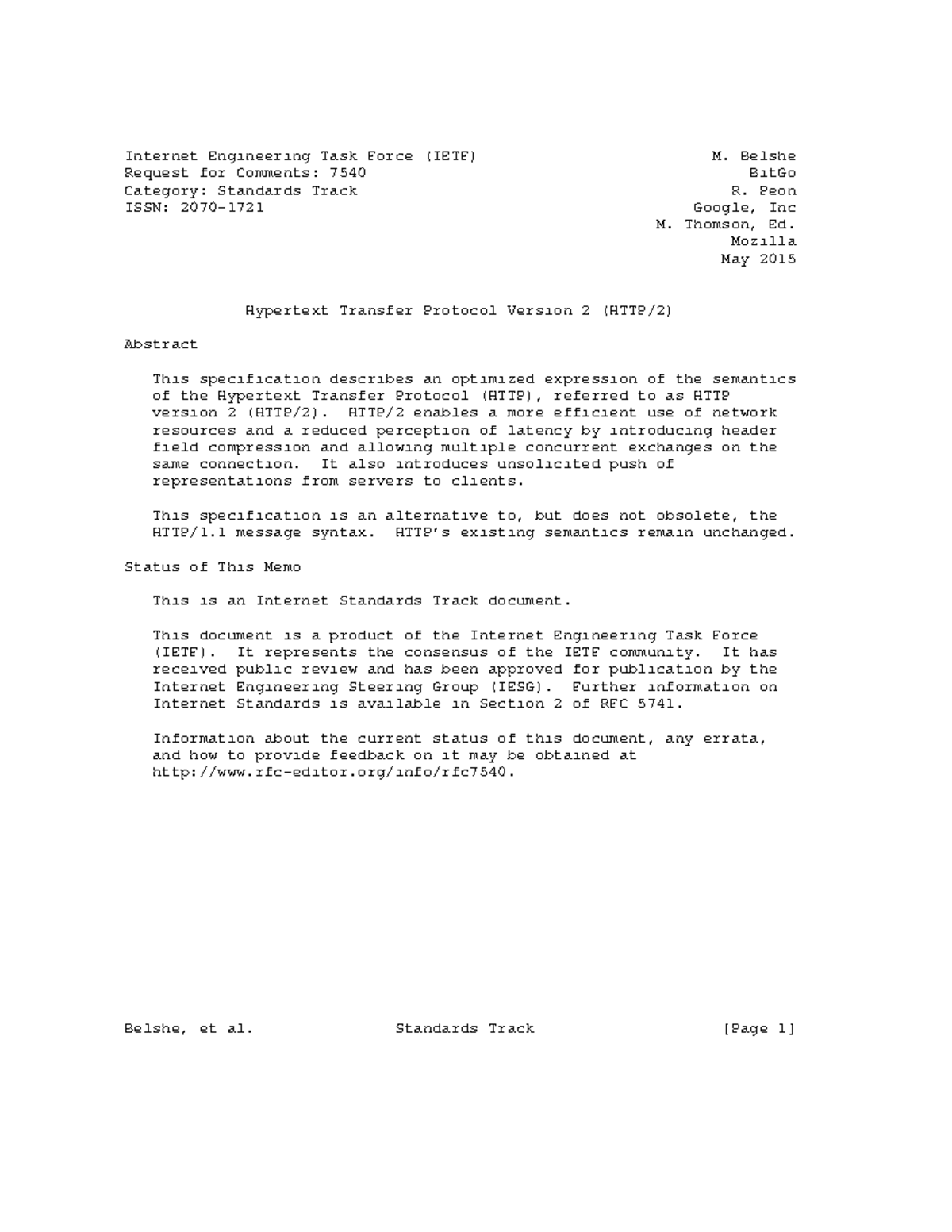 RFC 7540: Hypertext Transfer Protocol Version 2 (HTTP/2) Standards ...