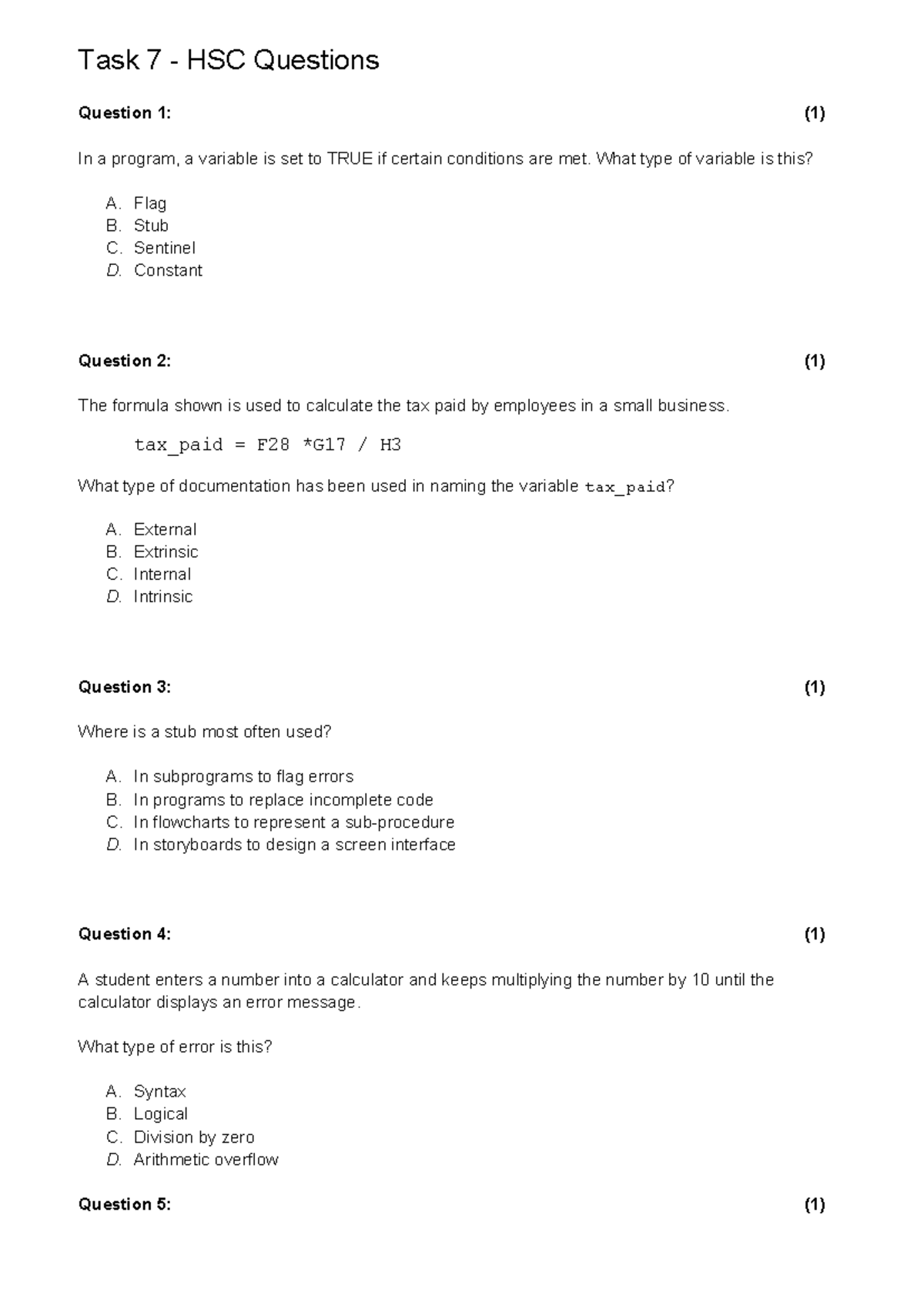 Task 7 - HSC Questions Worksheet - Task 7 - HSC Questions Question 1 ...