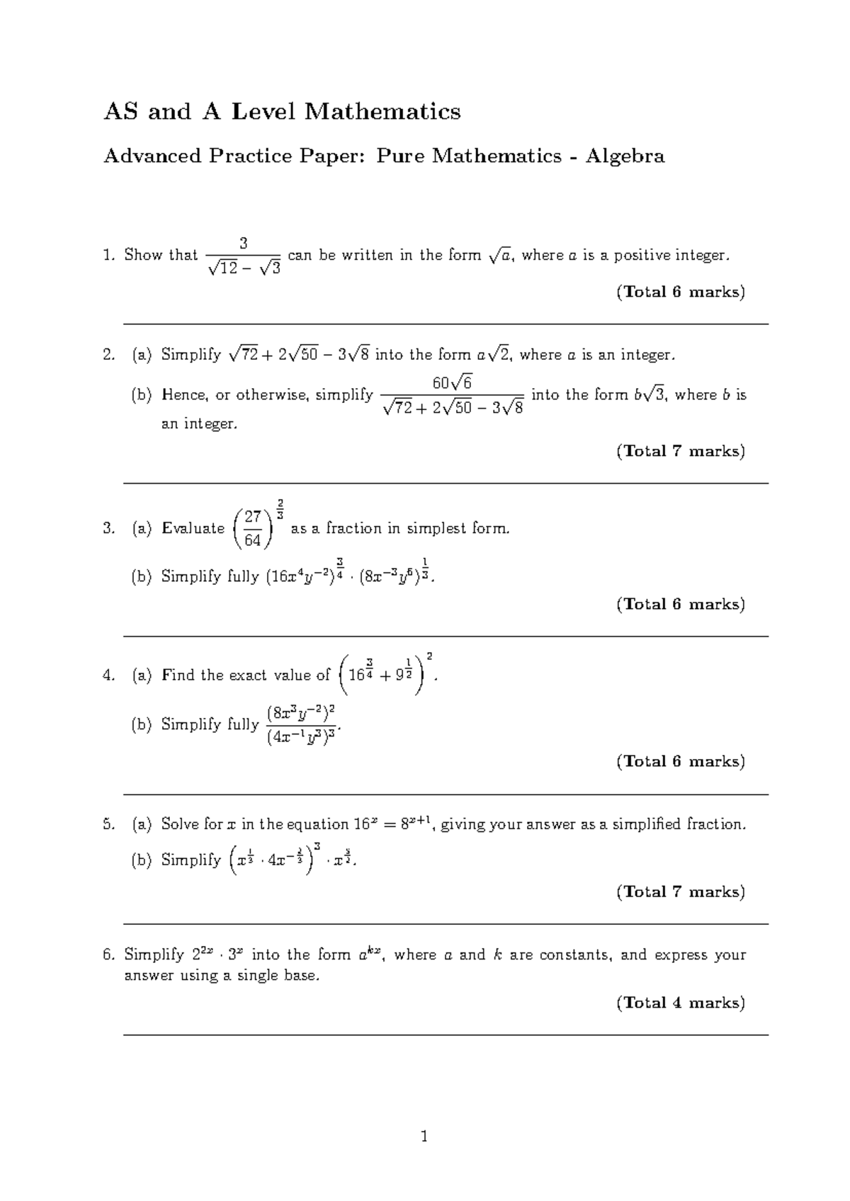 Algebra_Advanced - AS and A Level Mathematics Advanced Practice Paper ...