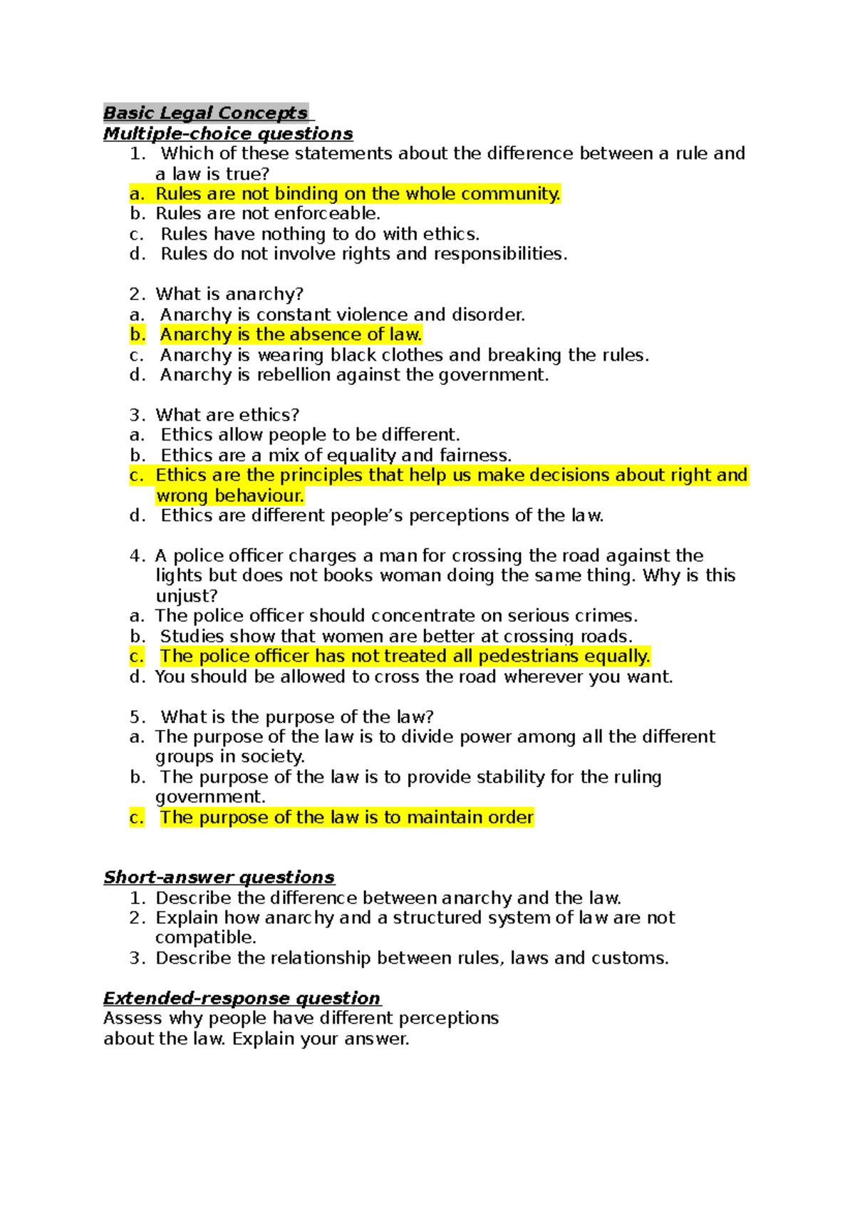 Legal Practice Paper - Practice Questions on Basic Legal Concepts - Studocu