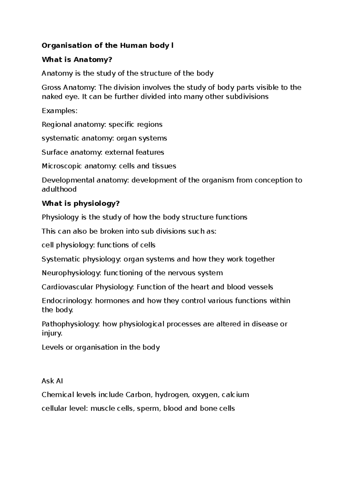 BIO101: Organisation of the Human Body - Lecture Notes - Studocu
