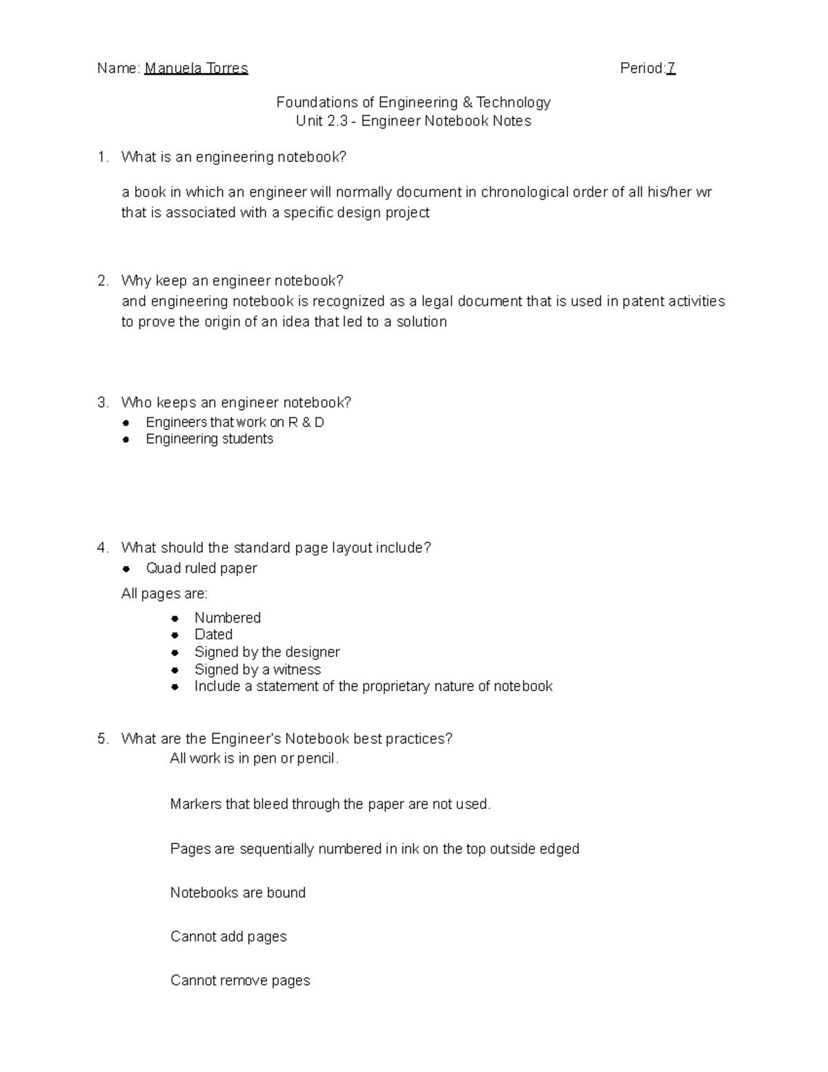 Copy of 2.3 - Engineer Notebook Notes - Name: Manuela Torres Period ...
