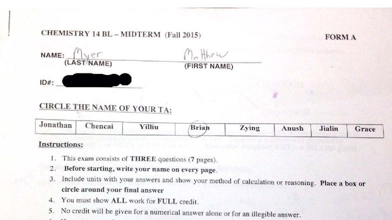 CHEMISTRY 14 BL MIDTERM EXAM (Fall 2015) - FORM A - Studocu