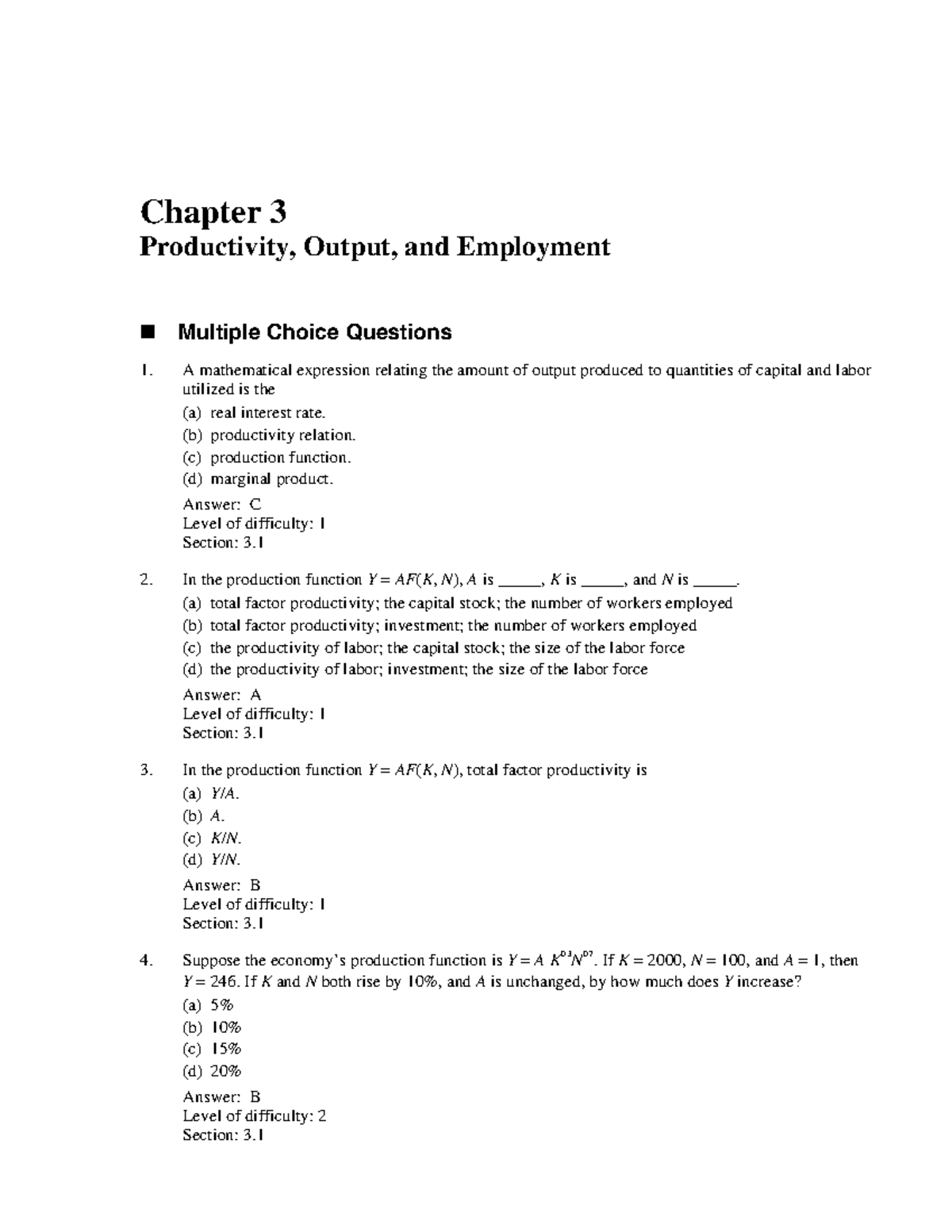 Chapter 3: Productivity, Output, and Employment MCQs (ECO 101) - Studocu