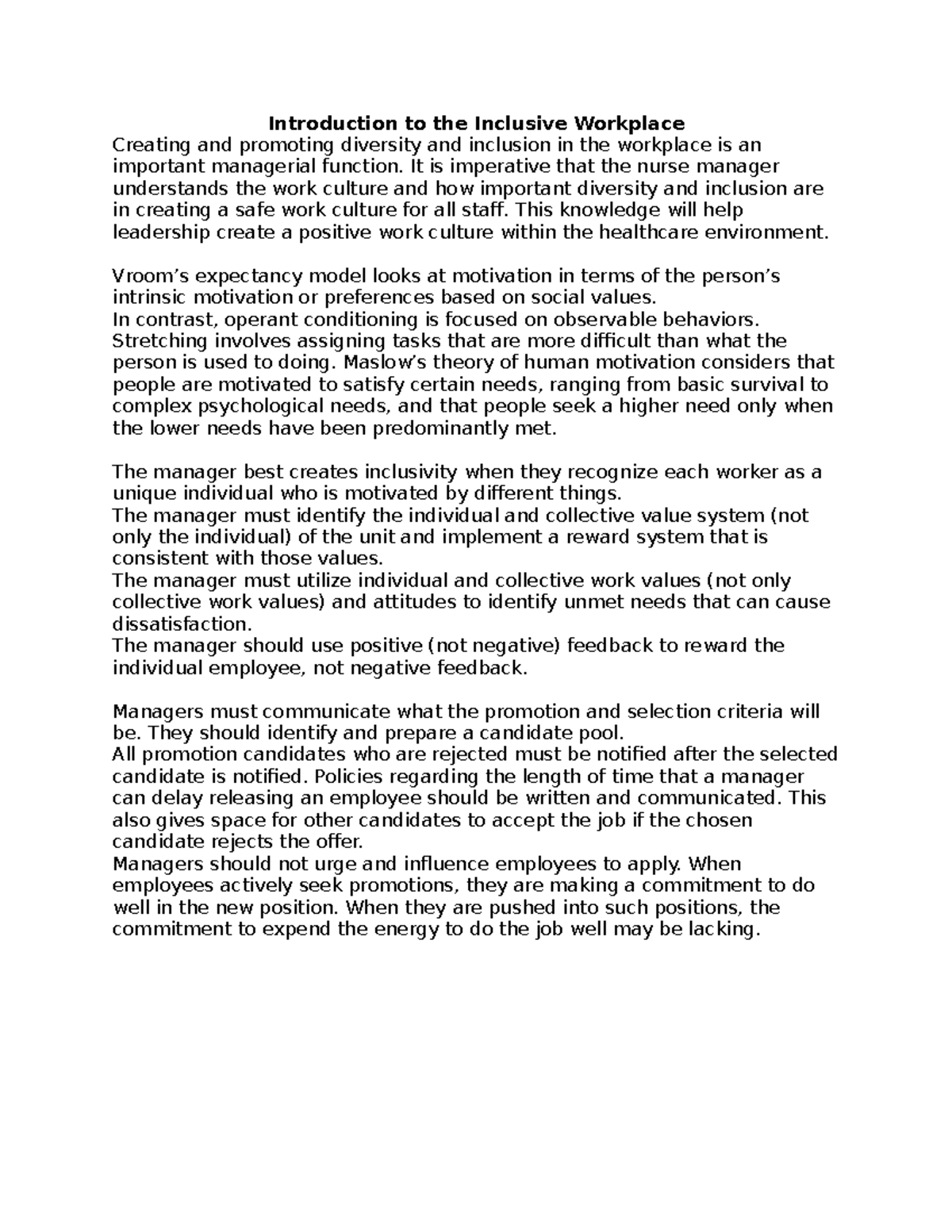 Week 4 - The Inclusive Workplace: Diversity and Inclusion in Nursing ...