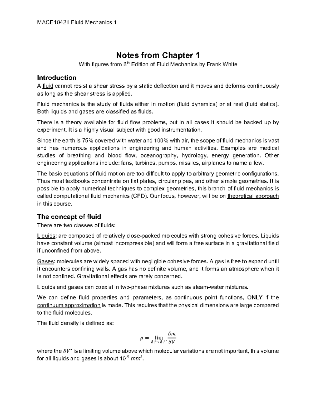 Week1 summary notes - MACE10421 Fluid Mechanics 1 Notes from Chapter 1 ...