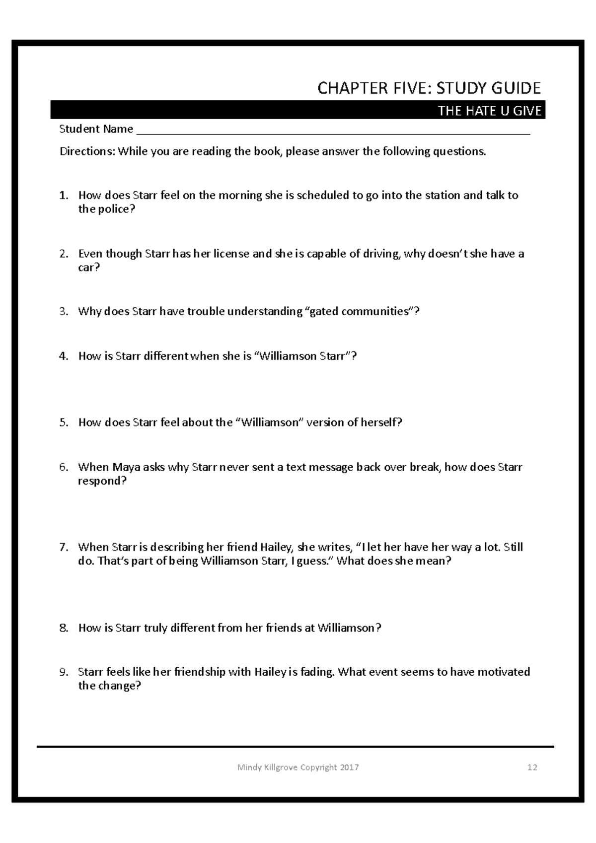 The Hate U Give - Chapter 5 Study Guide and Discussion Questions - Studocu
