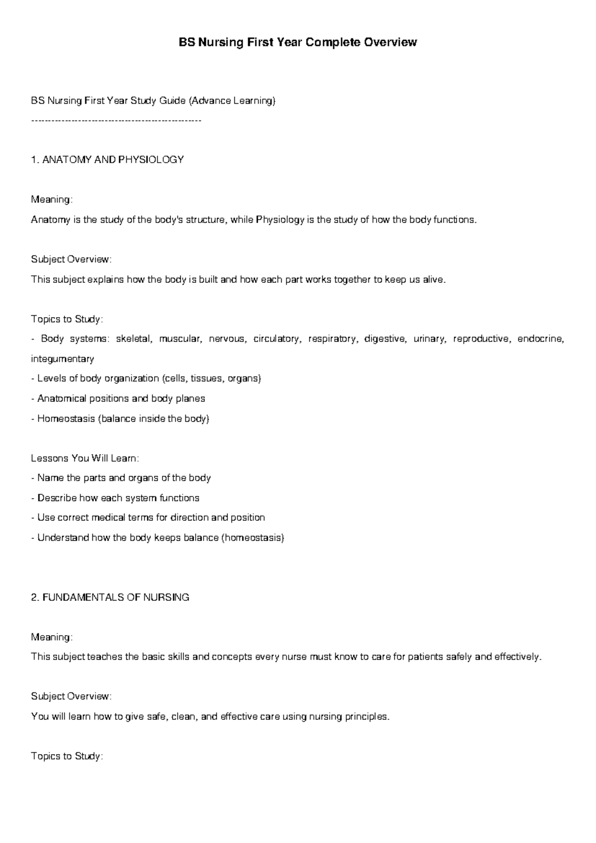 BS Nursing 1st Year Comprehensive Study Guide (Advance Learning) - Studocu