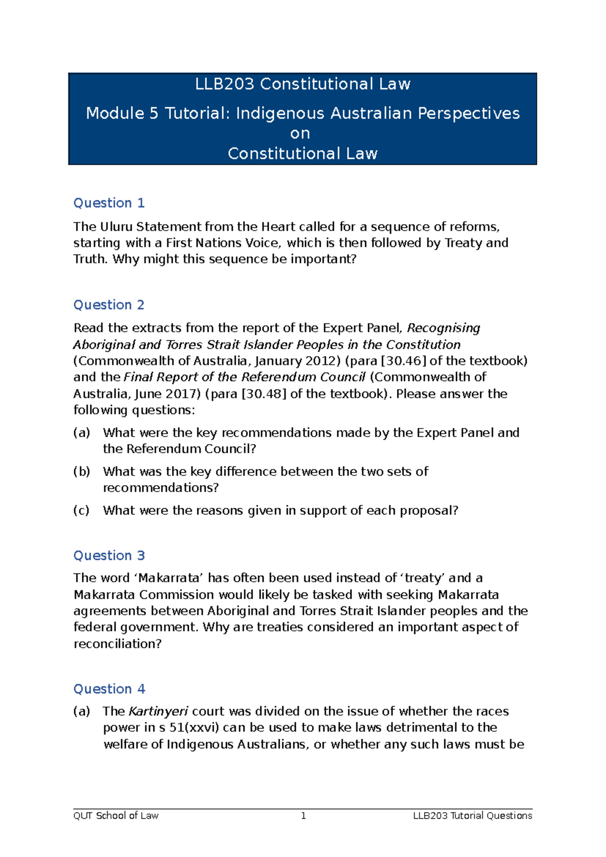 LLB203 Module 5 Tutorial: Indigenous Perspectives on Constitutional Law ...