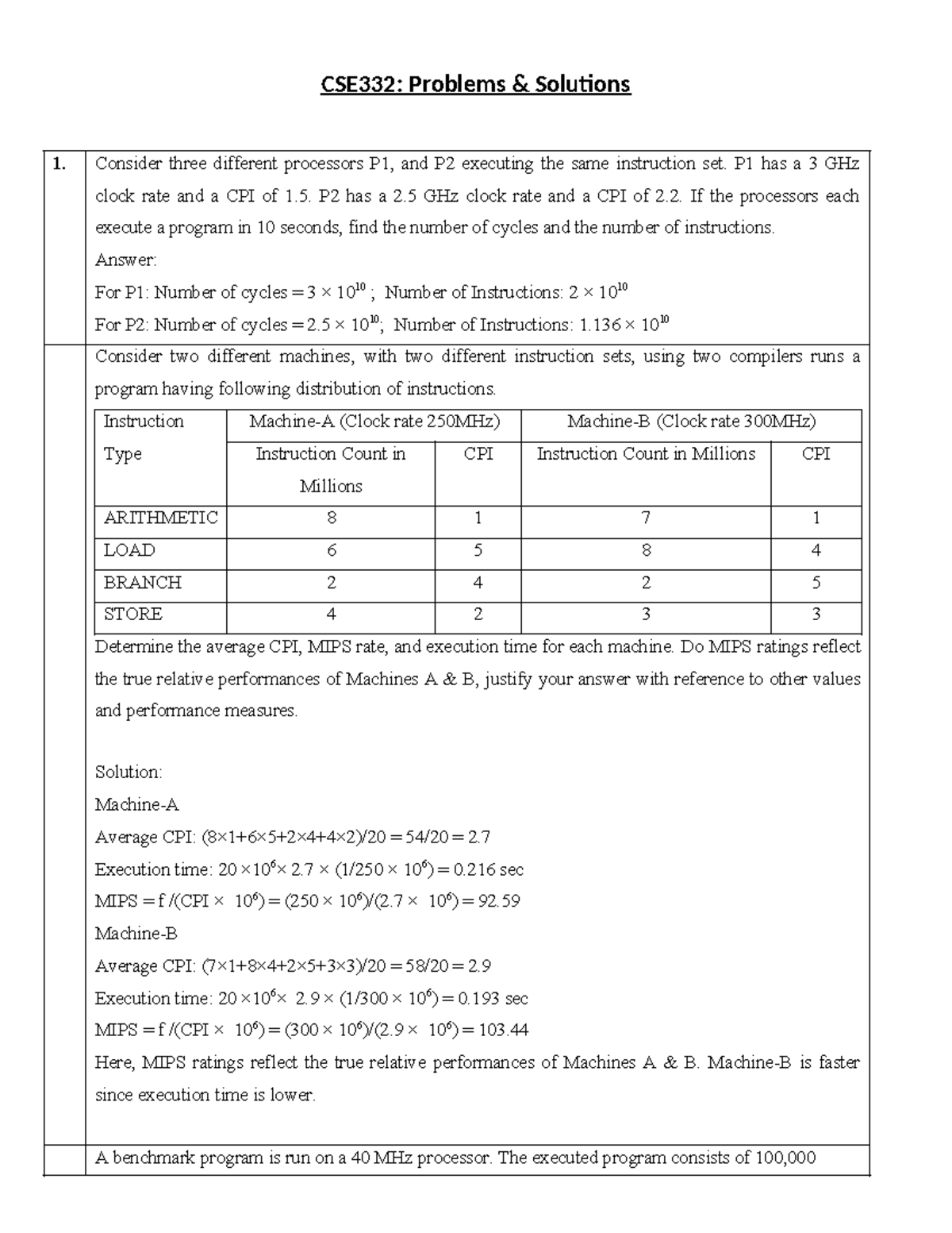 CSE332 Summer 2024 Final Exam on Processor Performance & Amdahl's Law ...