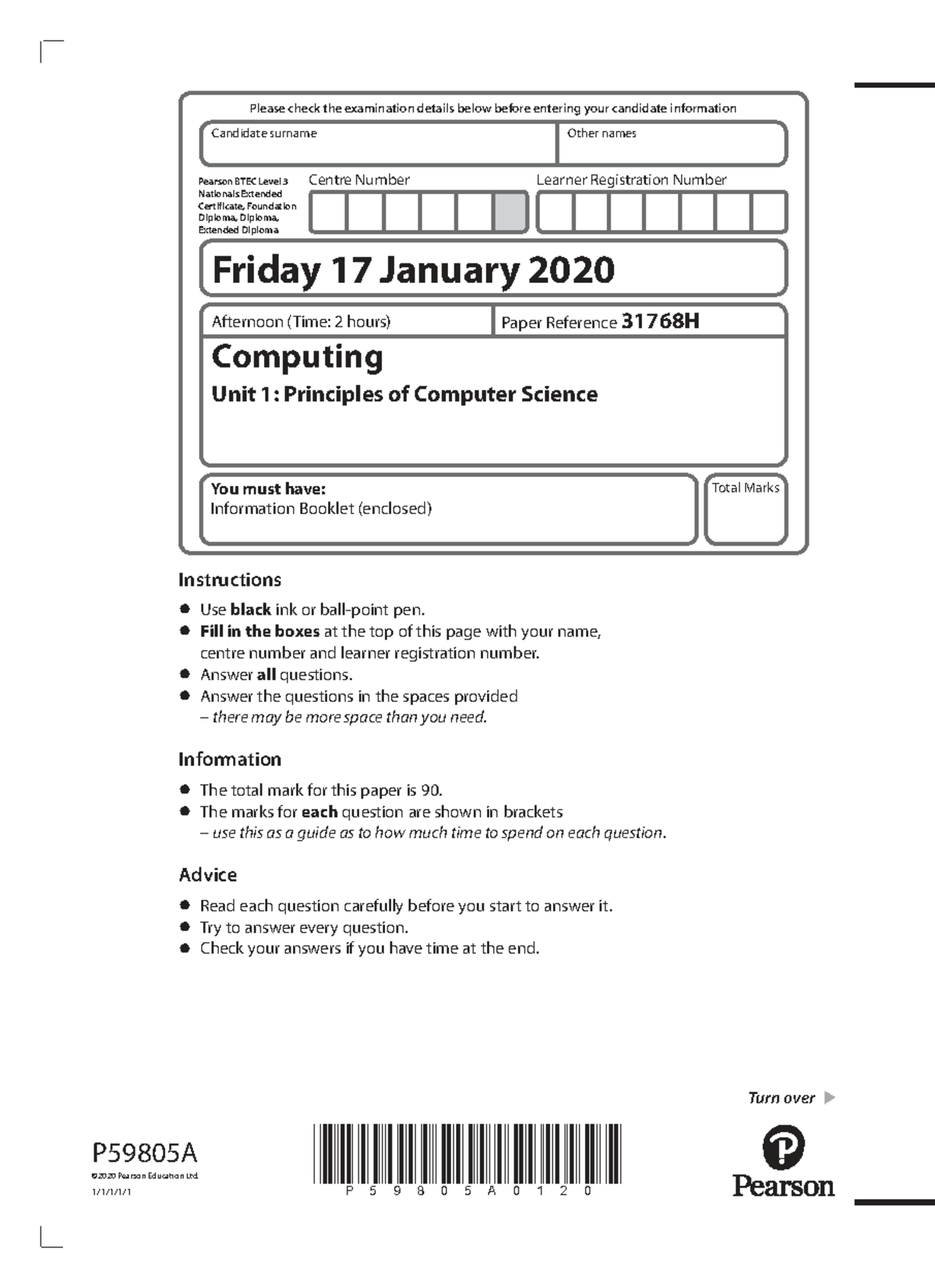 BTEC Level 3 Computing Unit 1: Principles of Computer Science Exam ...