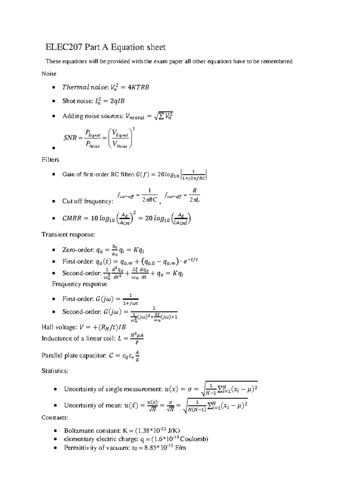 ELEC207 Final Exam Equation Sheet Part A: Key Formulas & Constants ...