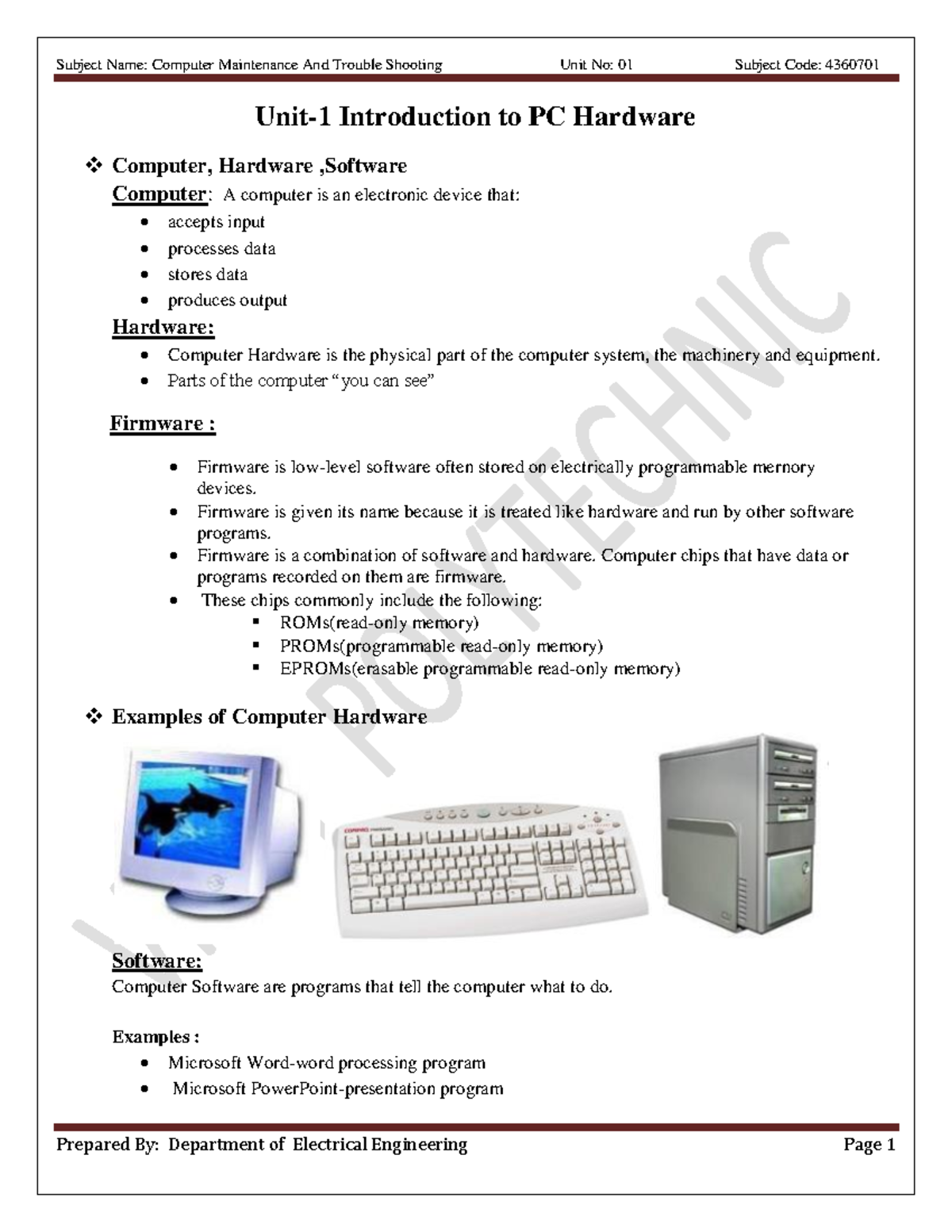 Cmts-unit-1 - bjj - Unit- 1 Introduction to PC Hardware Computer ...
