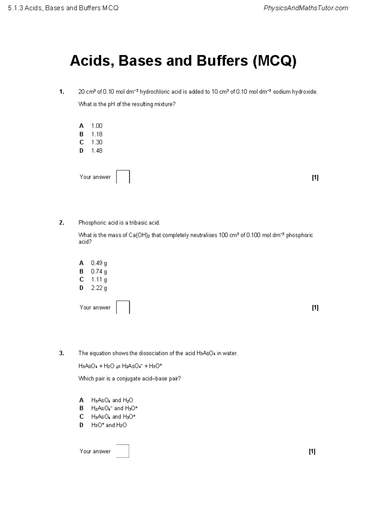 5.1.3 MCQ on Acids, Bases & Buffers - Questions & Mark Scheme - Studocu