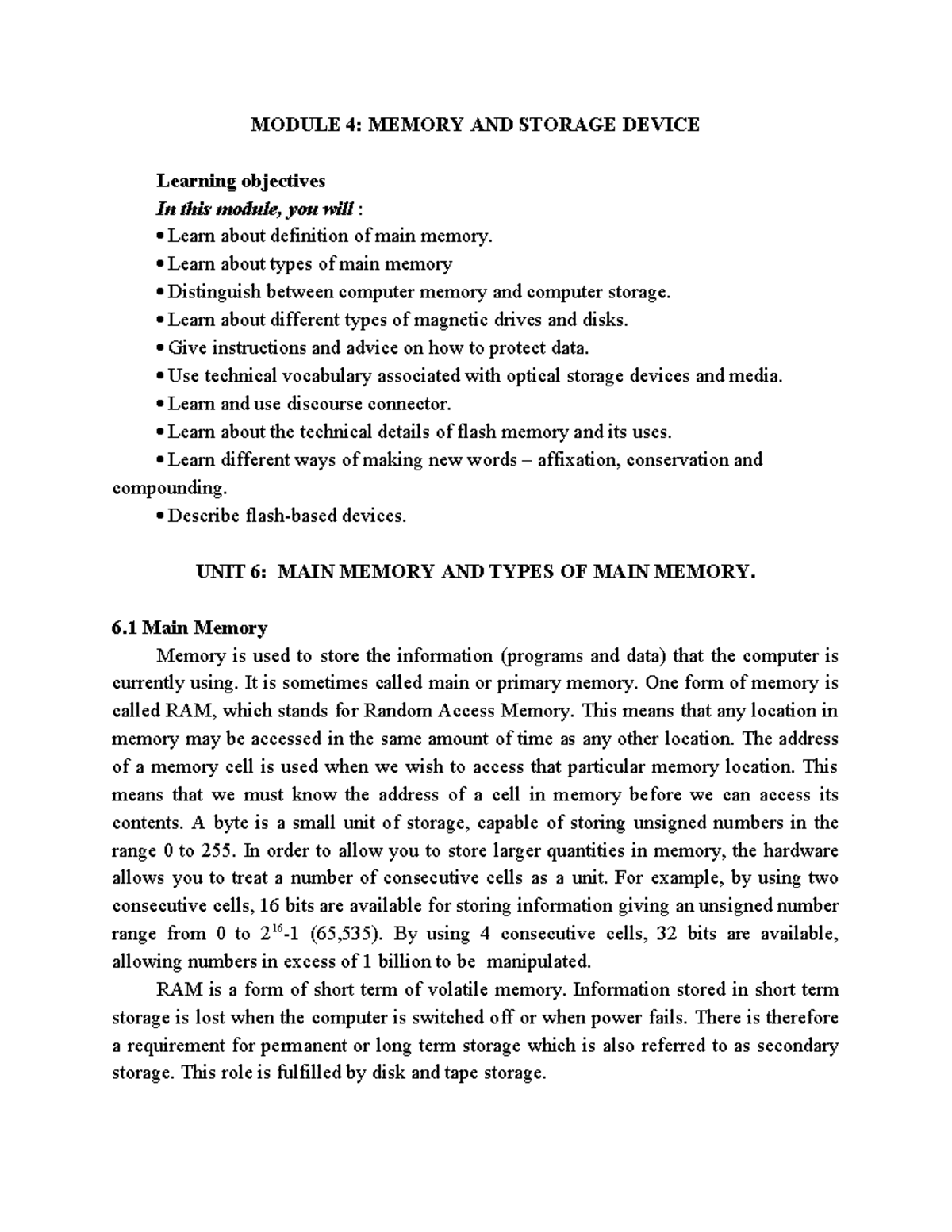 MODULE 4: MEMORY AND STORAGE DEVICES - U6 & U7 Overview - Studocu