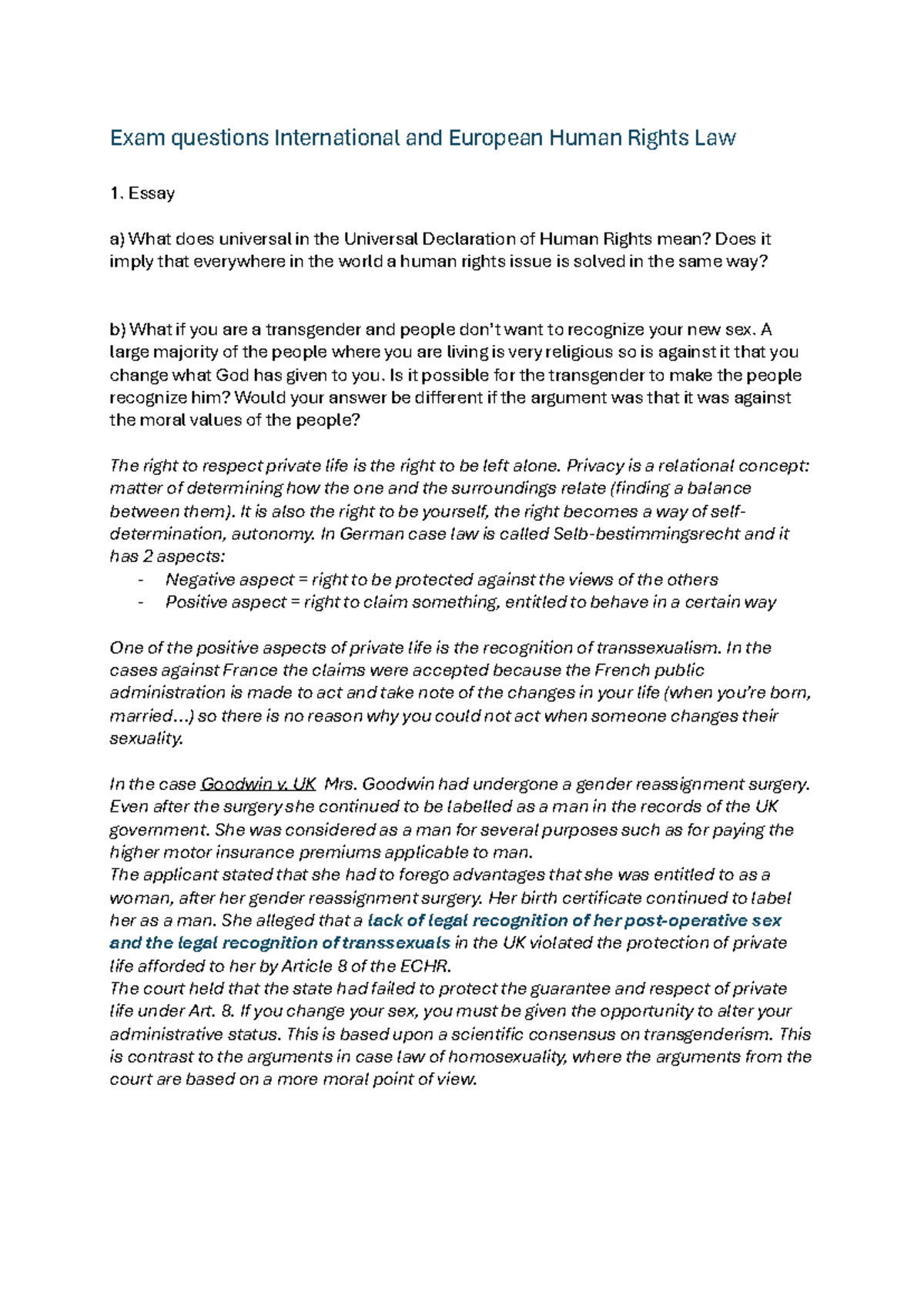 Exam Questions: Int'l & European Human Rights Law 1 - Essay Insights ...