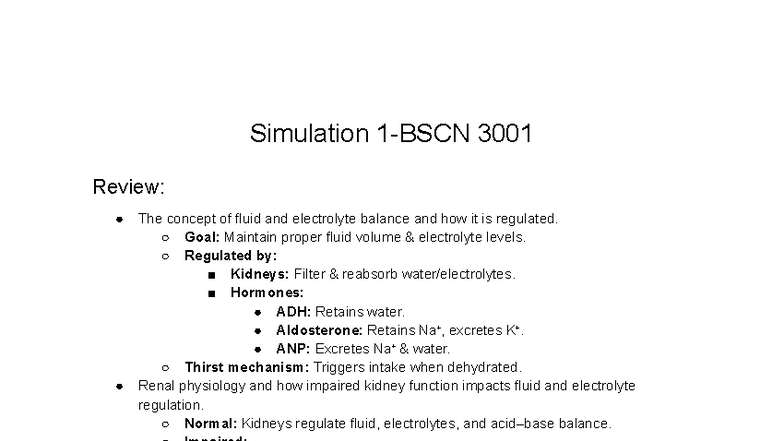 Simulation 1-BSCN 3001 Review: Fluid & Electrolyte Balance Regulation ...