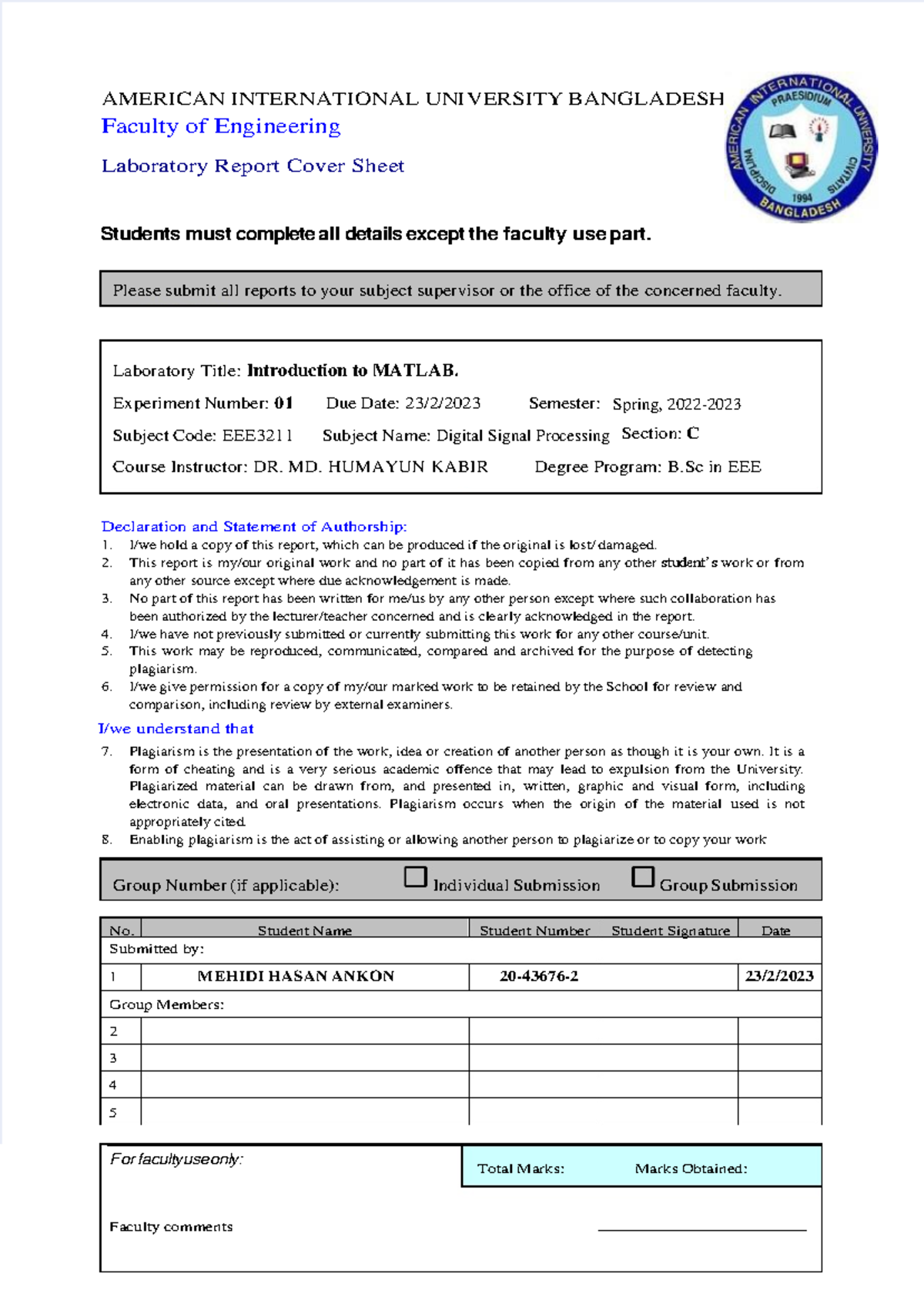 DSP Lab 1 Mehedi Hasan Ankon - AMERICAN INTERNATIONAL UNIVERSITY ...