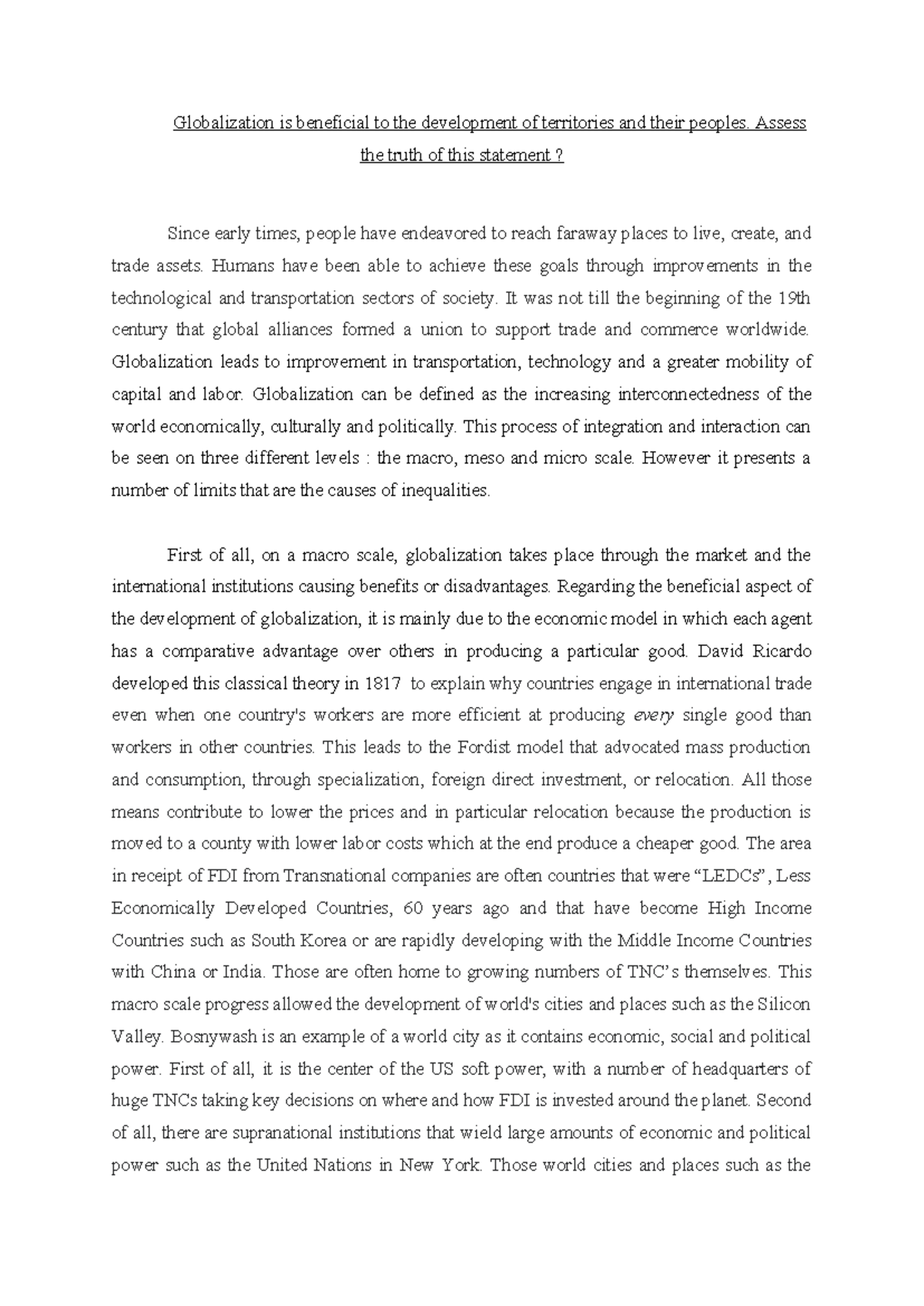 HG- Essay - Assessing the Benefits and Drawbacks of Globalization - Studocu