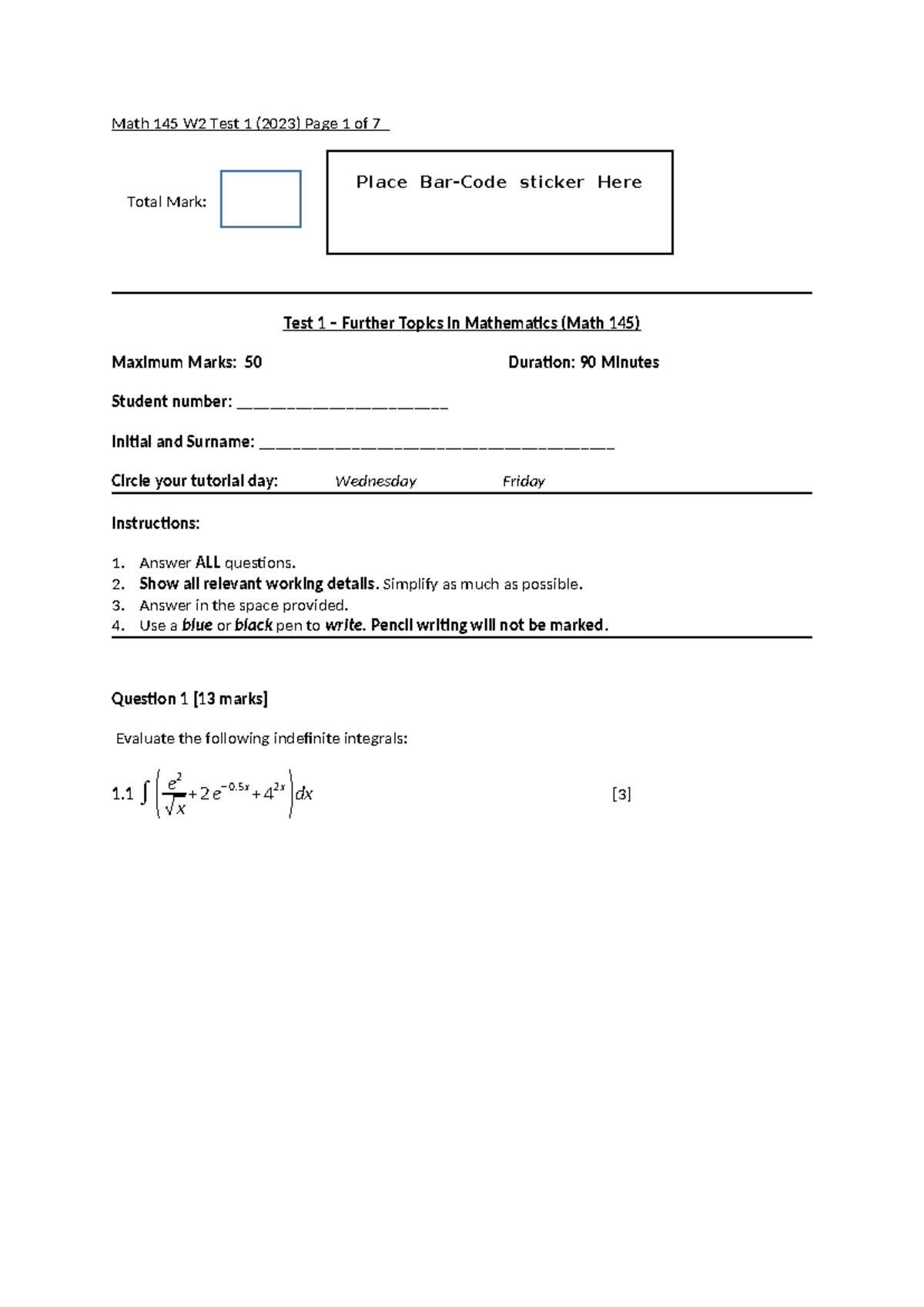 Test 1- Math145-2023 - Maths145 test 1 question paper - Total Mark ...