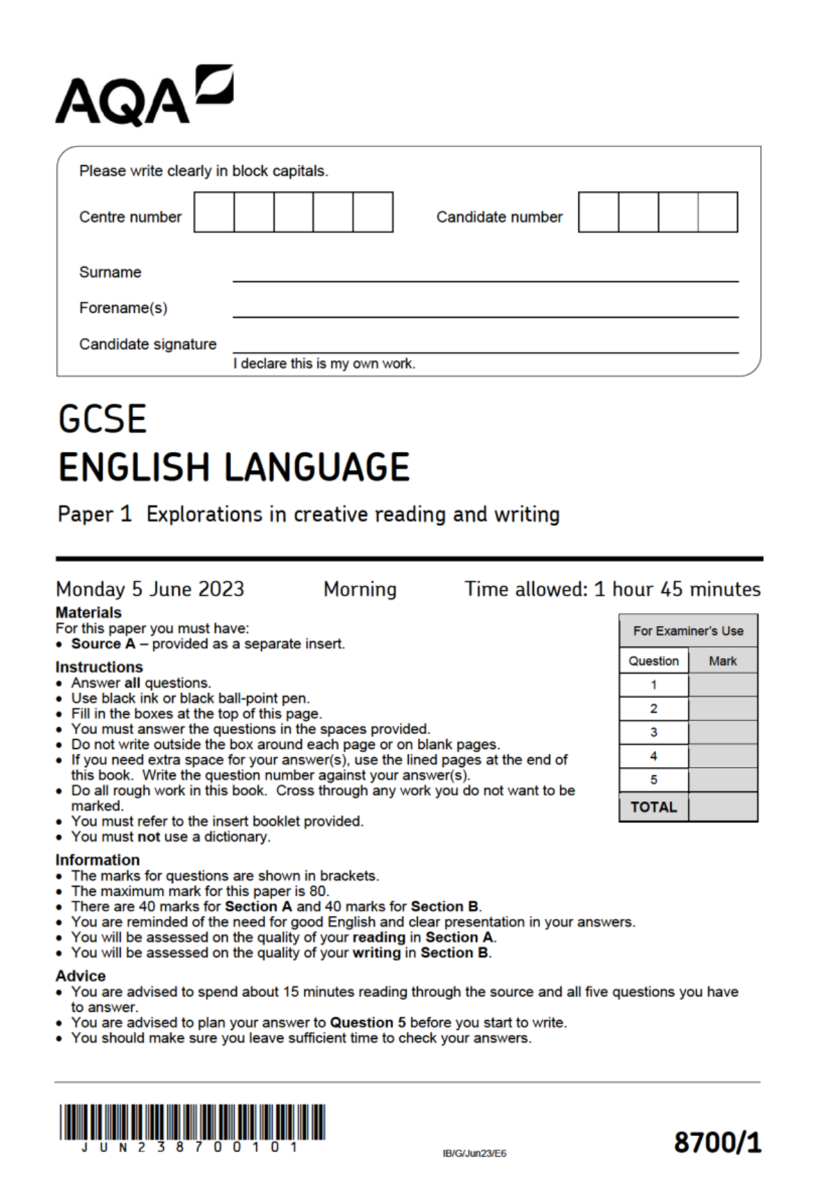 Explorations in Creative Reading and Writing - Paper 1 - June 2023 ...