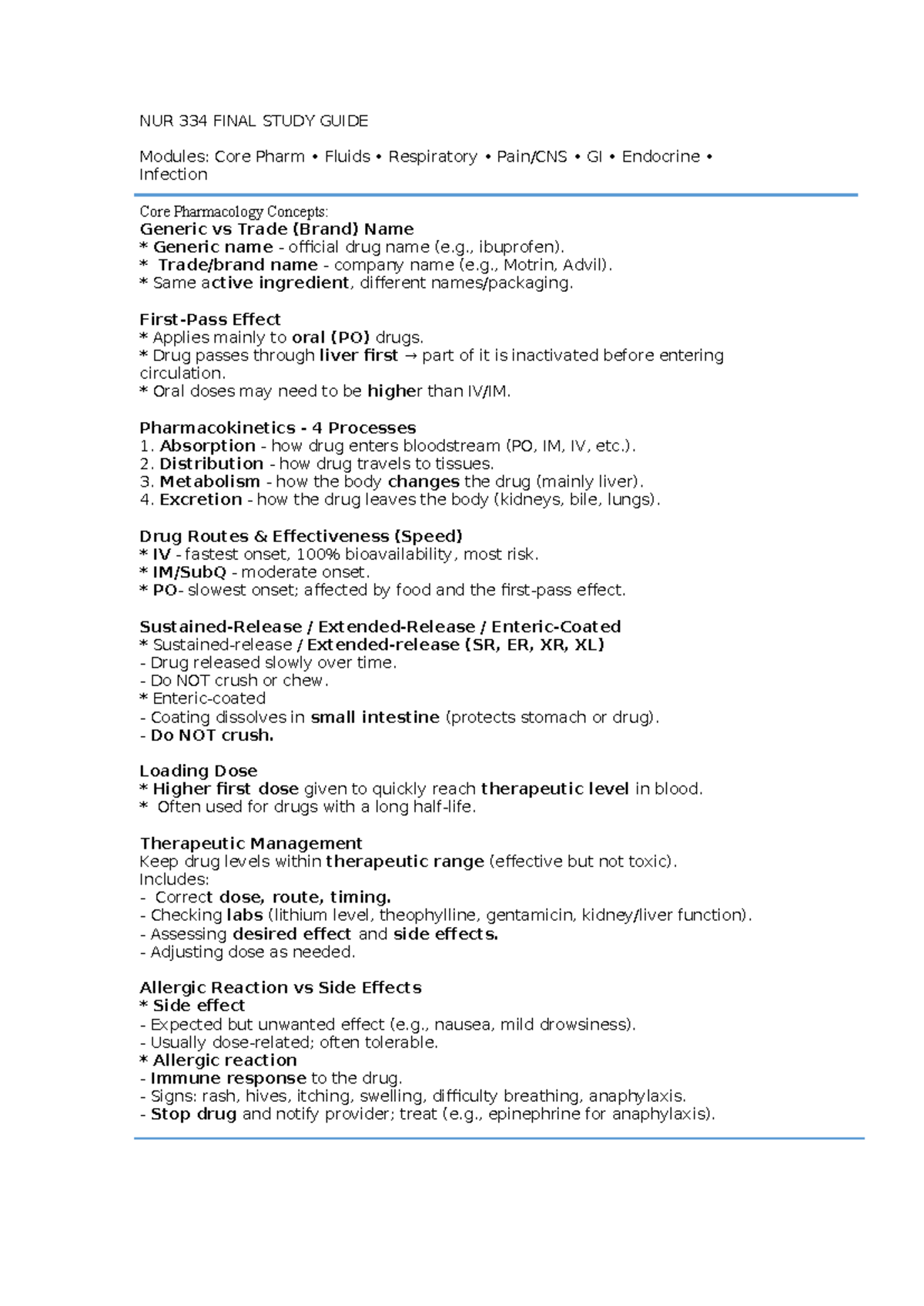 NUR 334 Final Study Guide: Core Pharmacology & Key Concepts - Studocu