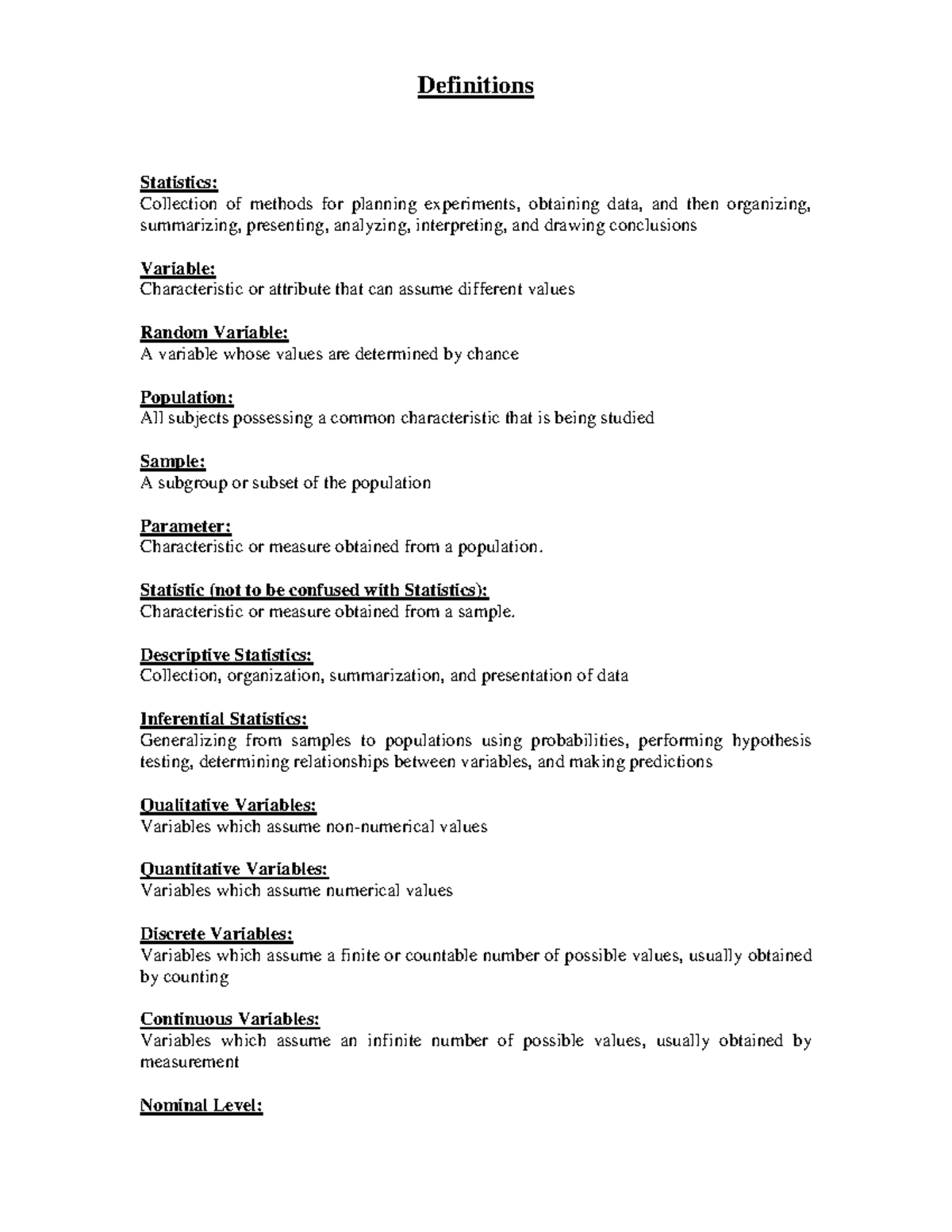 Definitions - Lecture Notes 1 for Statistics (STAT101) - Studocu