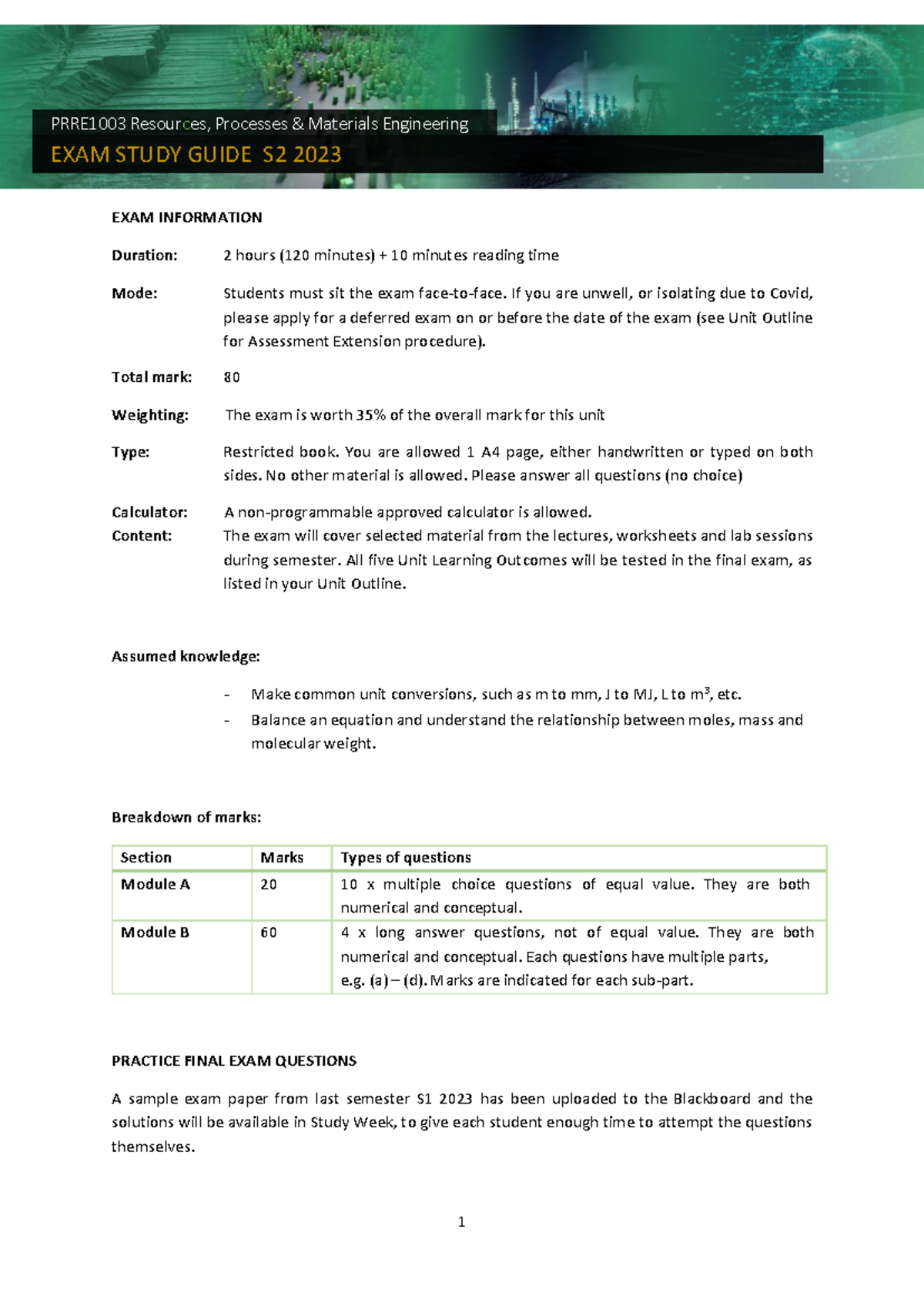 PRRE1003 Materials Engineering Final Exam Study Guide S2 2023 - Studocu