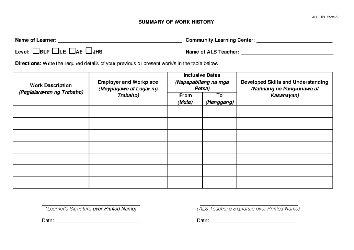 RPL-Form-3 - prior learning - ALS RPL Form 3 SUMMARY OF WORK HISTORY ...