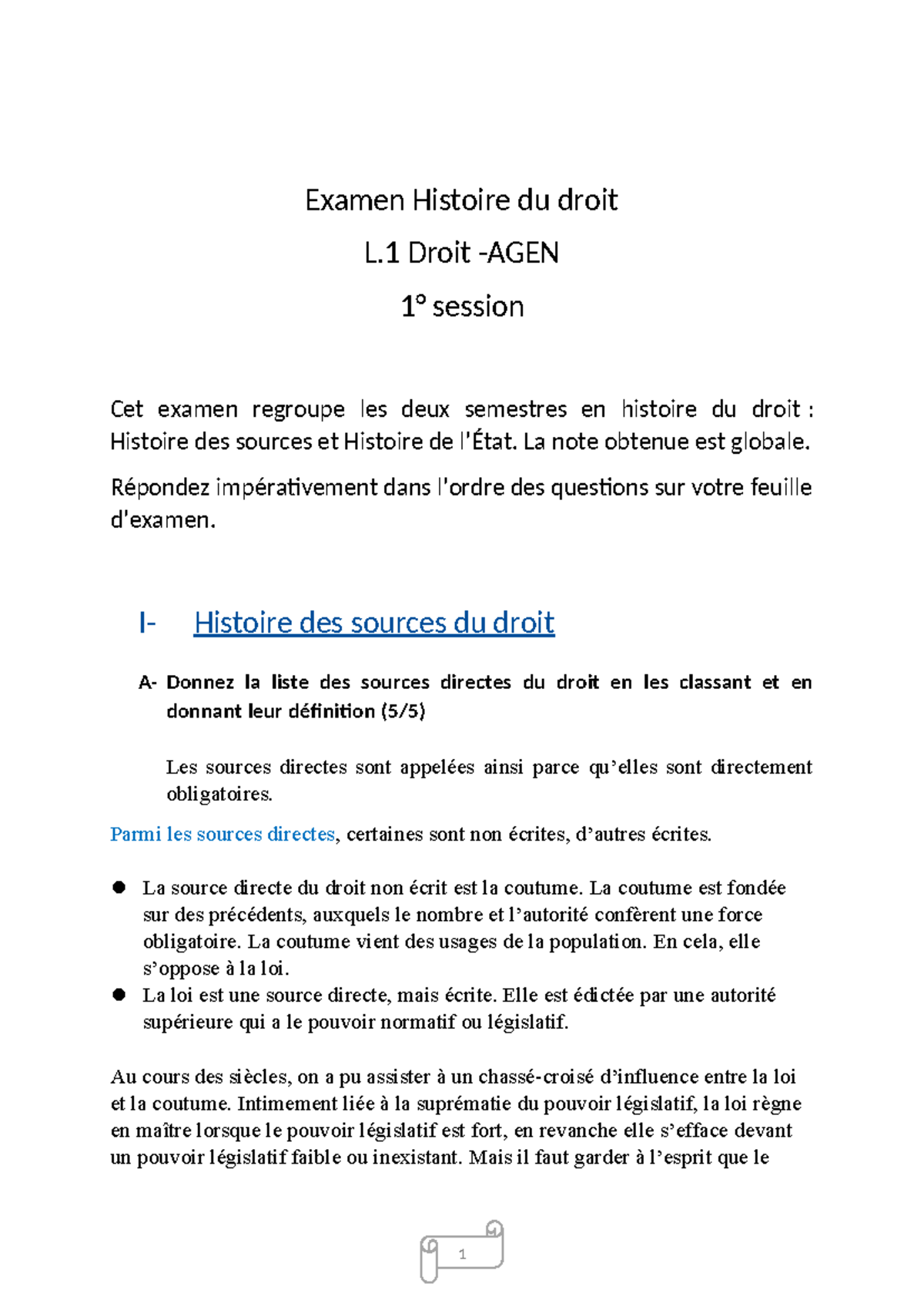 Examen Histoire du Droit L.1 2023-2024 : Sources et Évolutions - Studocu