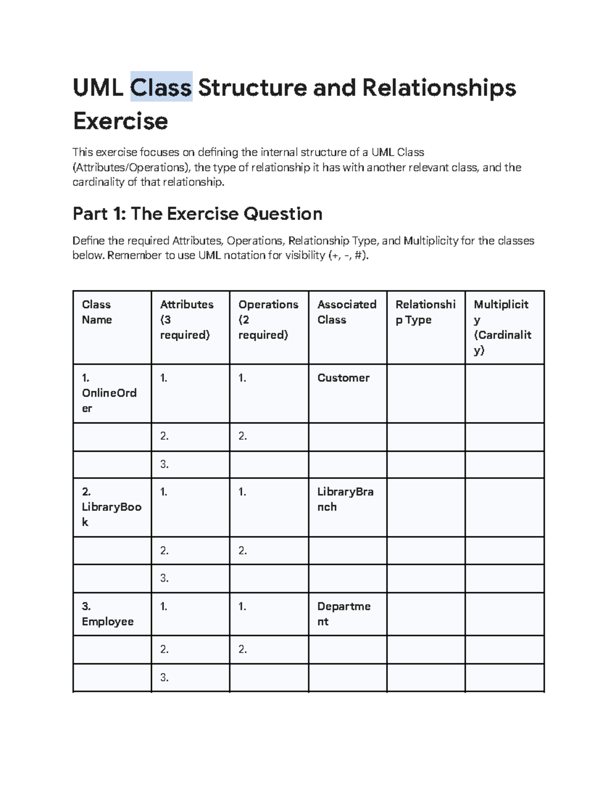 UML Class Structure & Relationships Exercise (CS101) - Studocu