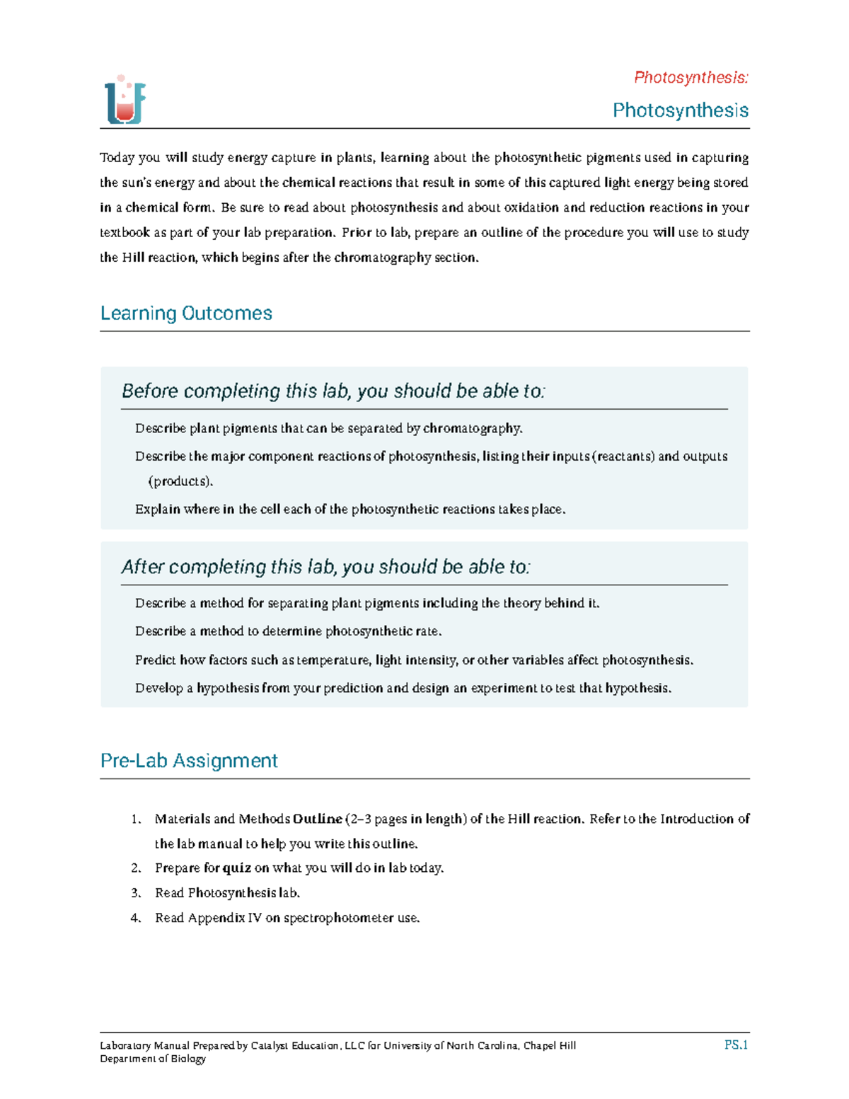 Biology PS.1: Photosynthesis Lab Manual and Hill Reaction Outline - Studocu