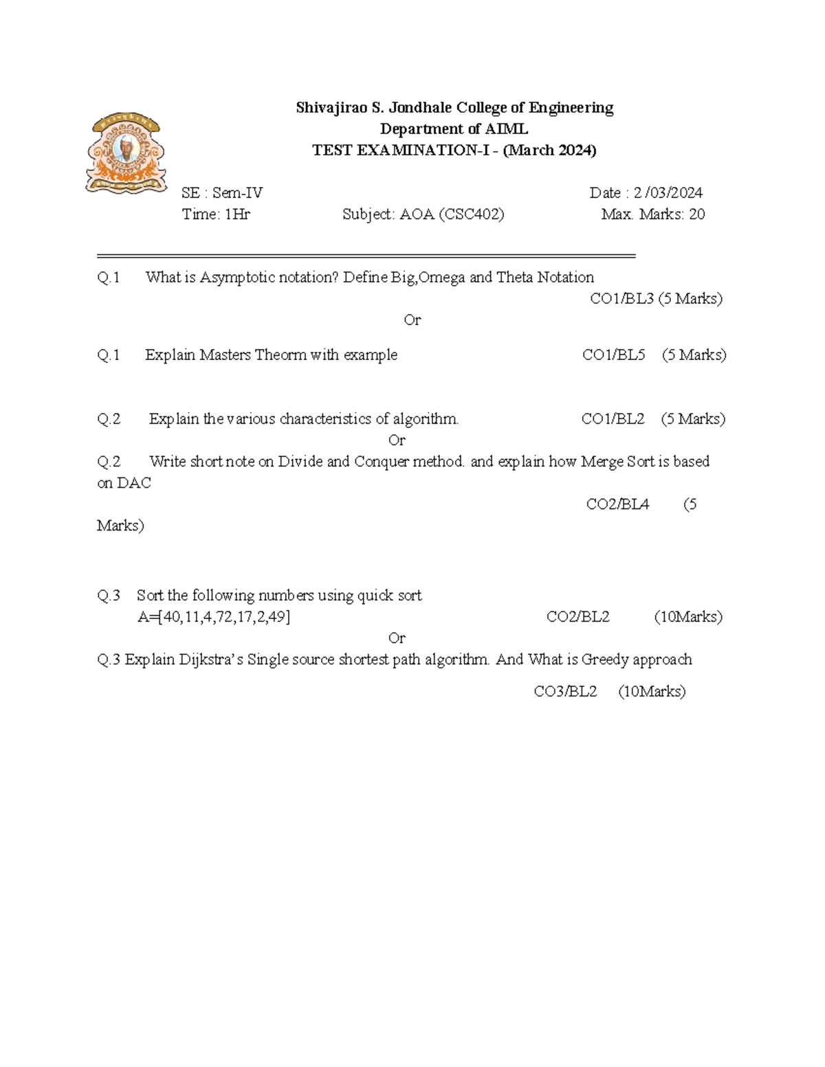 AOA UT1 Solution - Shivajirao S. Jondhale College of Engineering ...