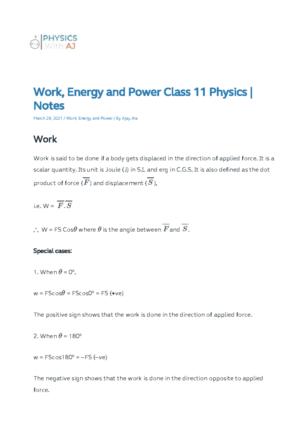 Work, Energy, and Power Class 11 Physics Notes - Studocu