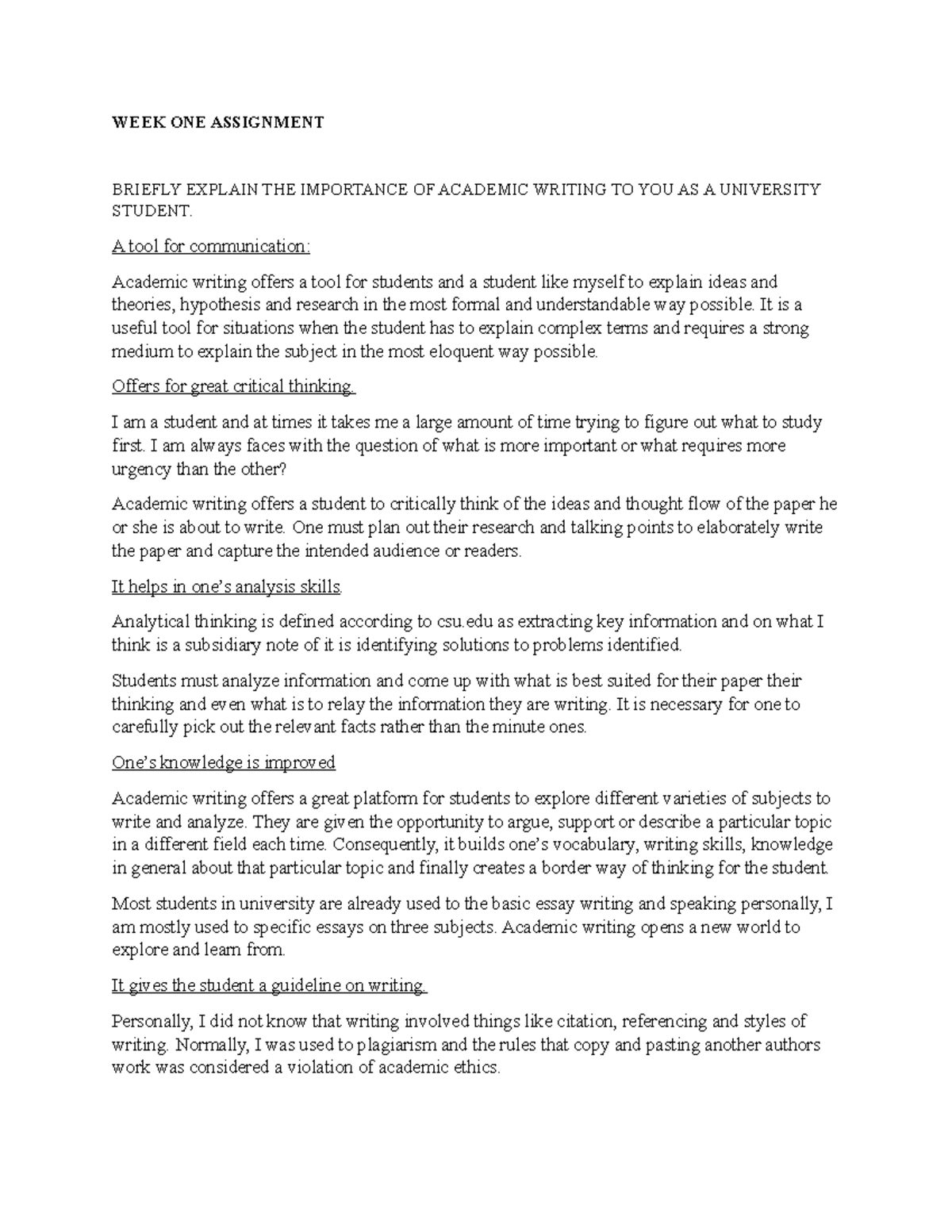WEEK ONE Assignment - Importance of Academic Writing for Students - Studocu
