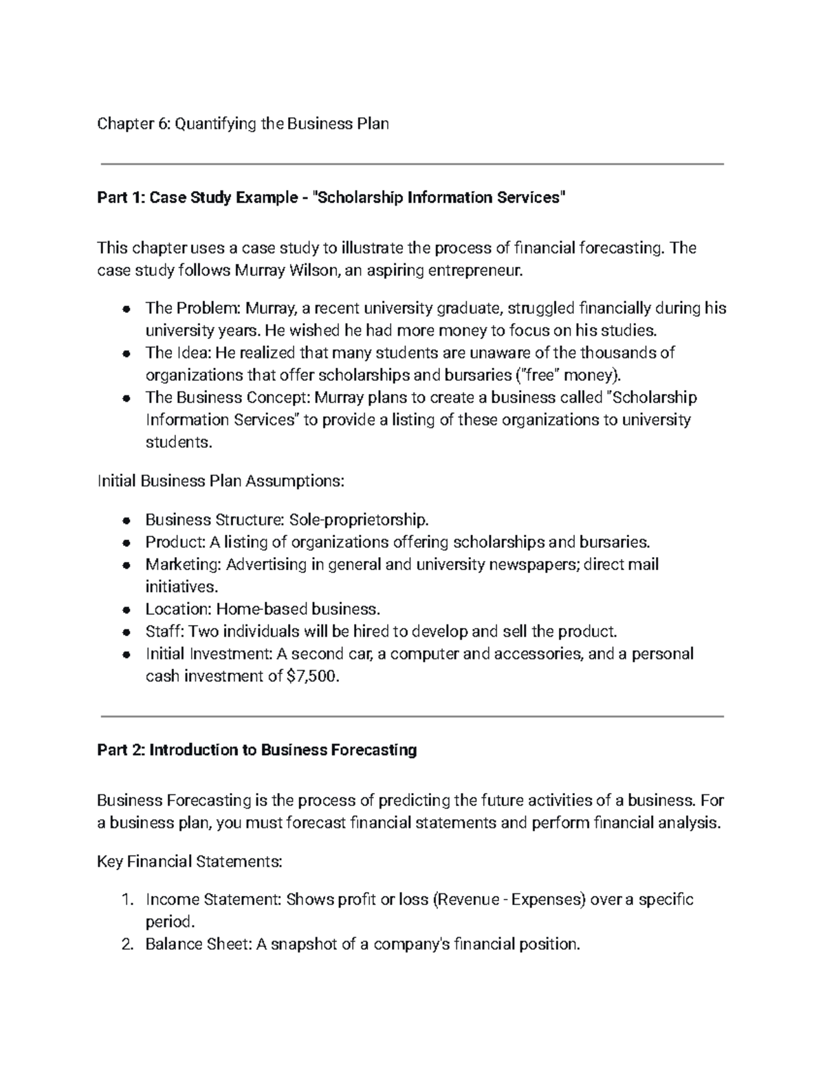 Chapter 6: Quantifying the Business Plan - Case Study & Financial ...