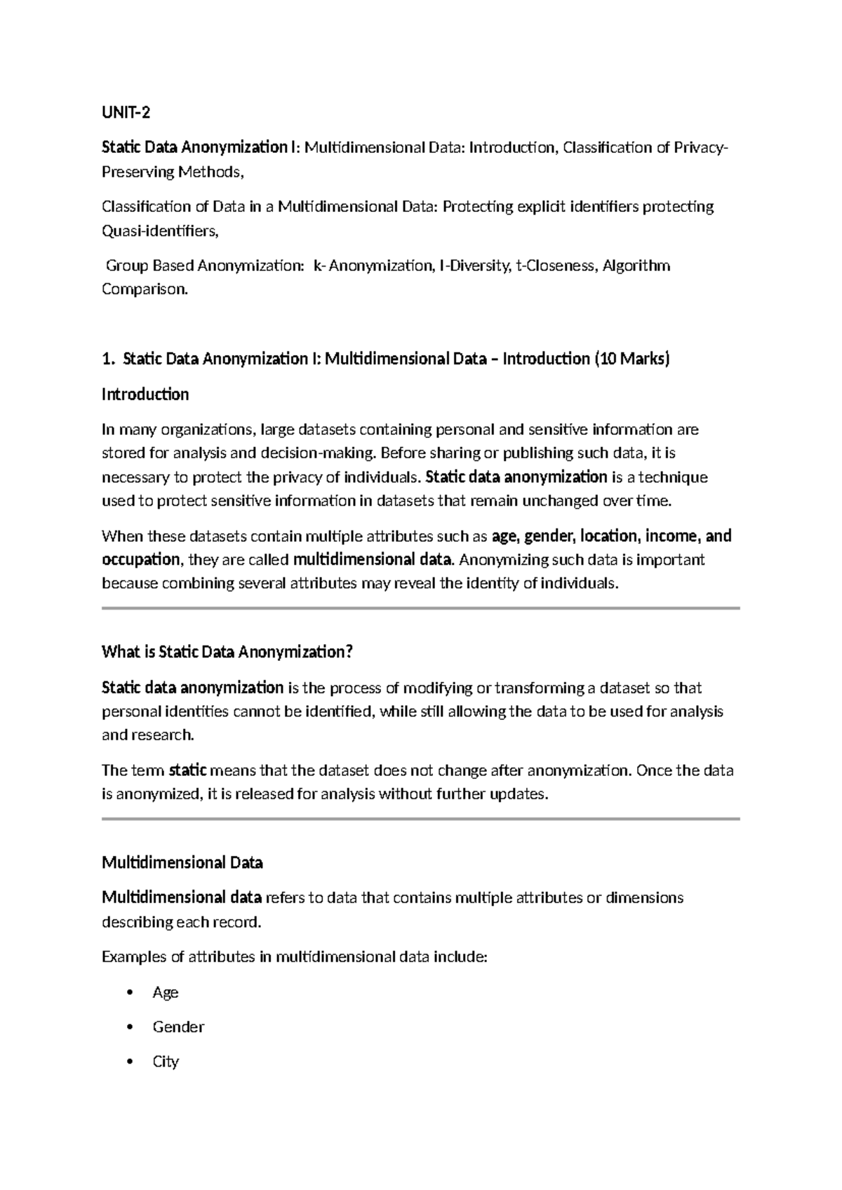 Static Data Anonymization I: Multidimensional Data Overview and ...