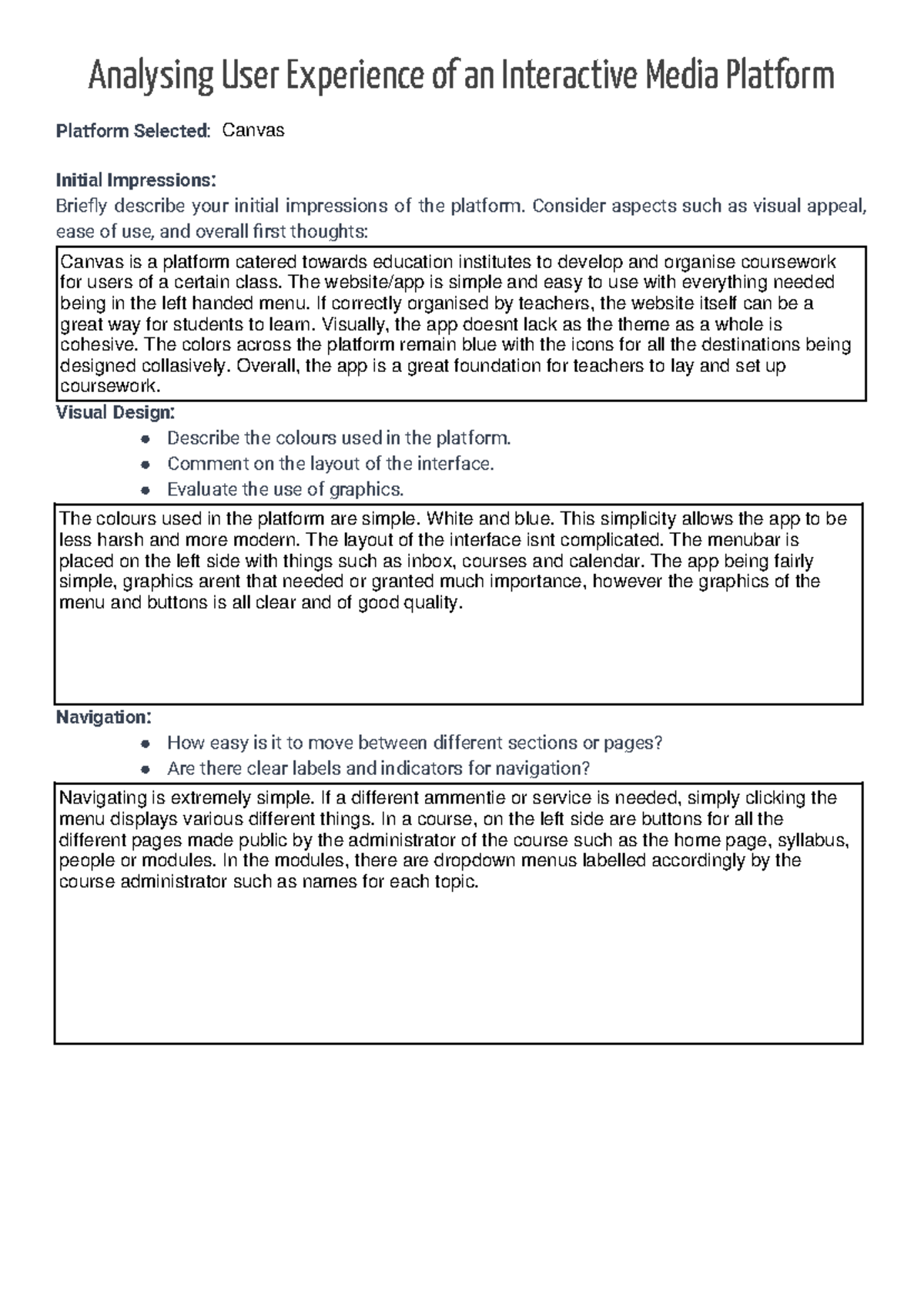 Worksheet Analysing User Experience of an Interactive Media Platform ...