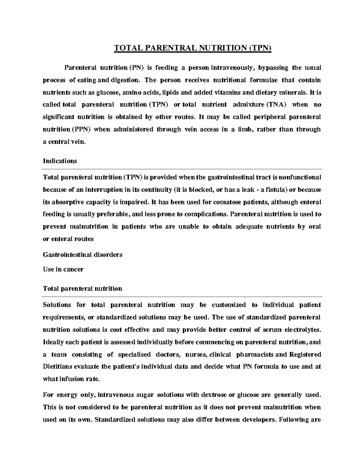 TPN-1 - Comprehensive Notes on Total Parenteral Nutrition - Studocu