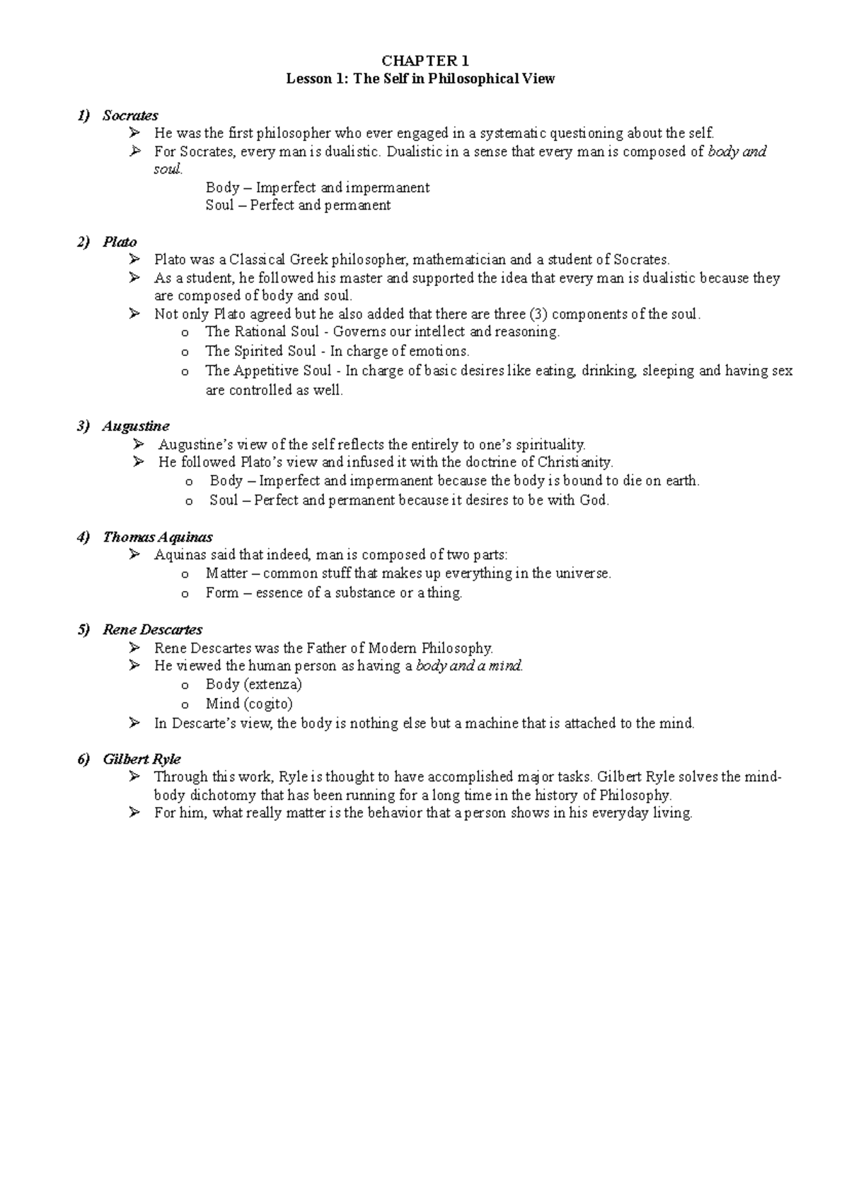 PHIL 101: Chapter 1 Notes on The Self in Philosophy and Society - Studocu