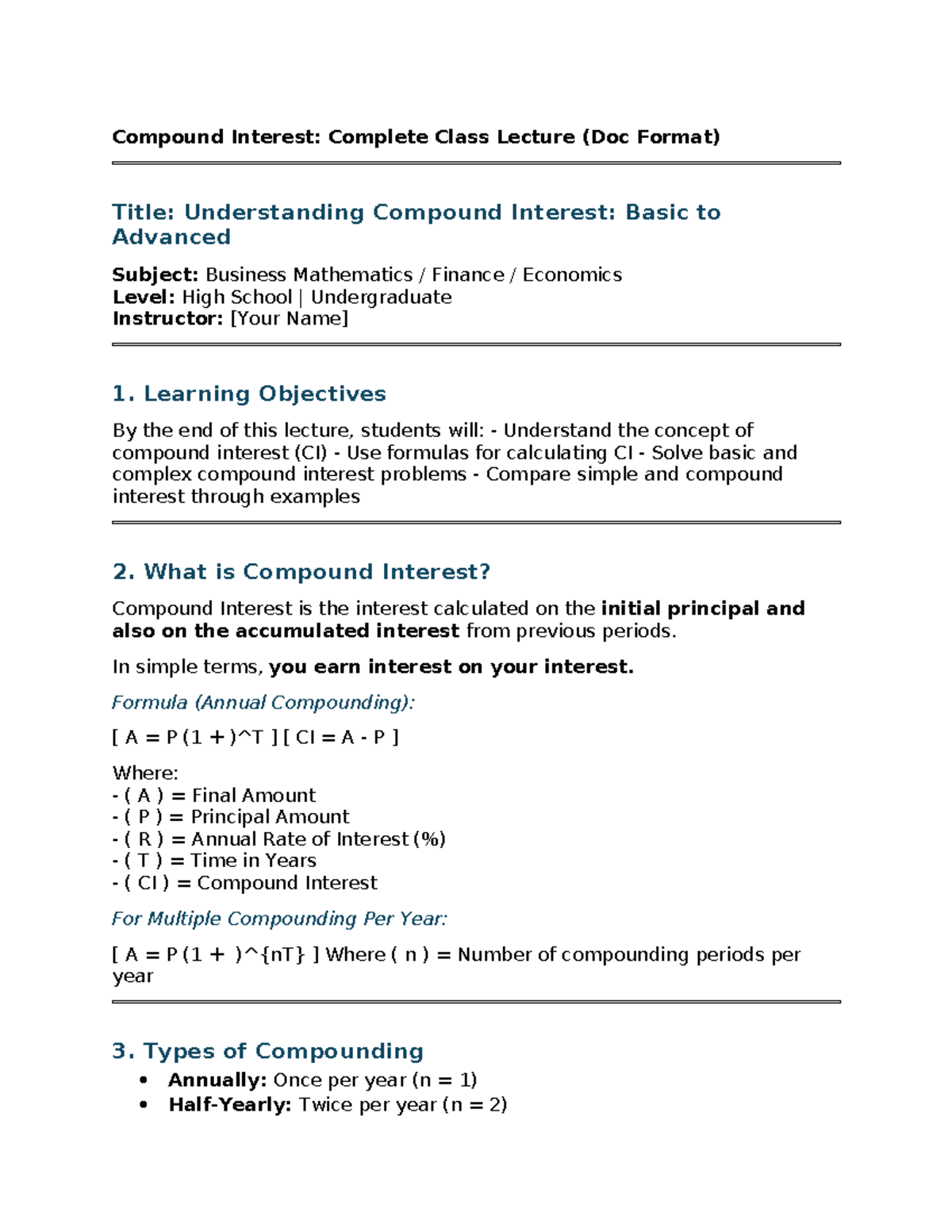 Compound Interest: Complete Lecture Notes for Business Math (BMF101 ...