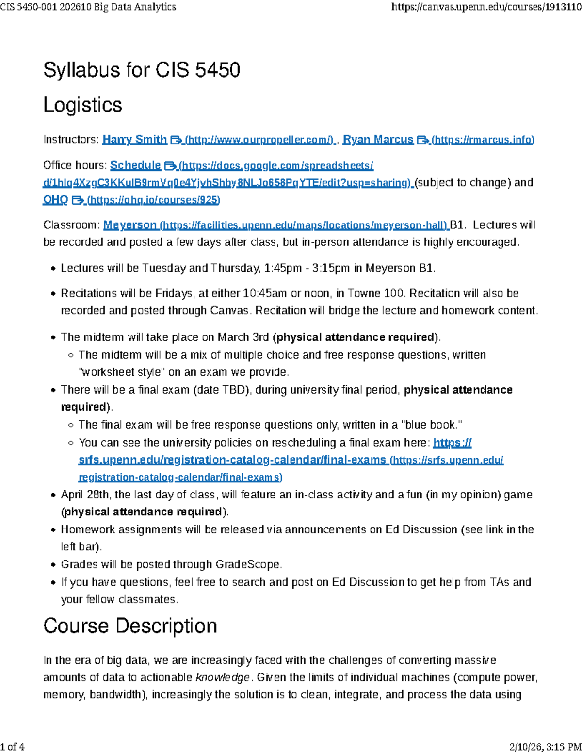 CIS 202610 Big Data Analytics Syllabus for CIS 5450 Spring 2026 - Studocu