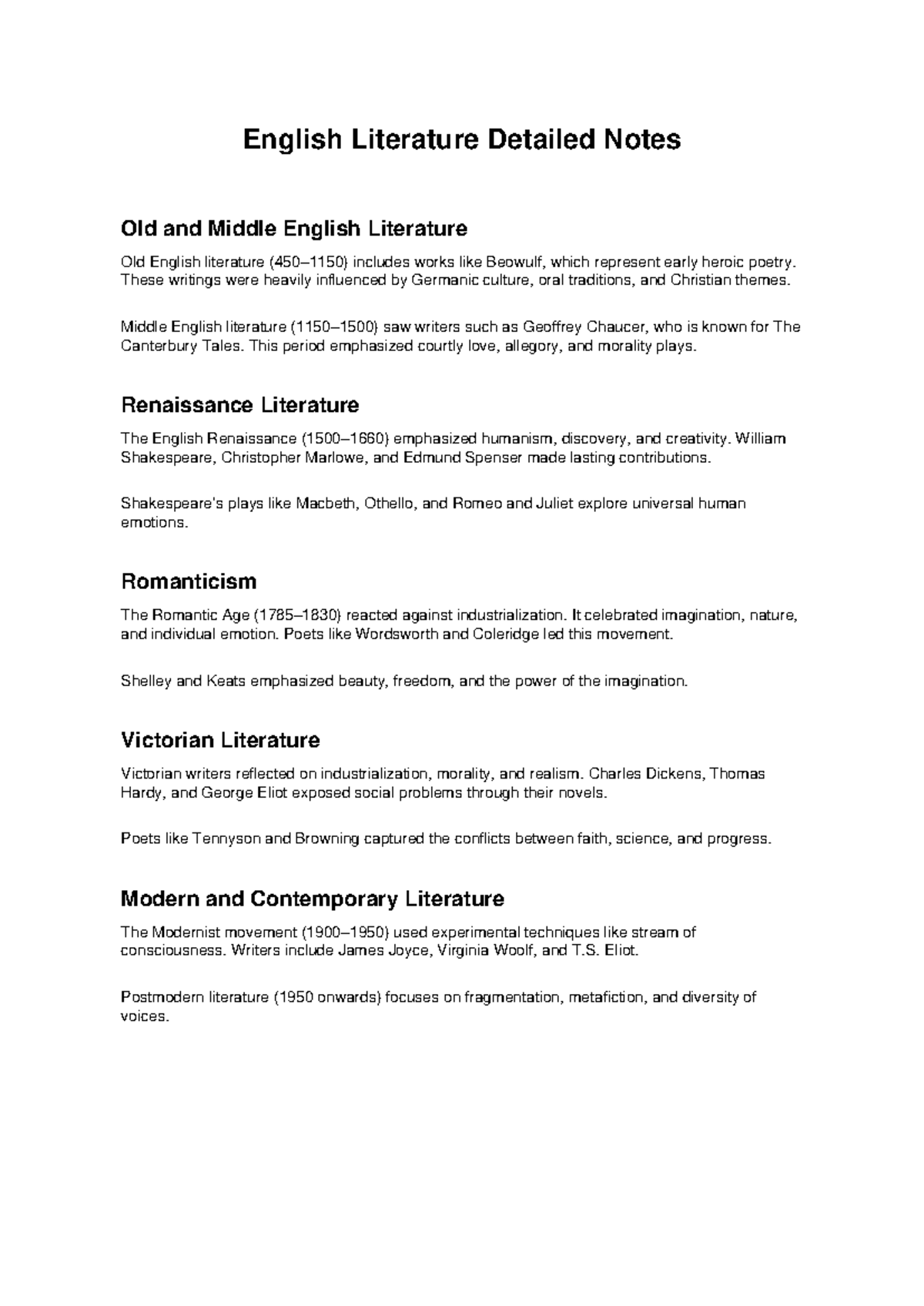 ENG 101 - English Literature Lecture Notes: From Old to Modern Times ...